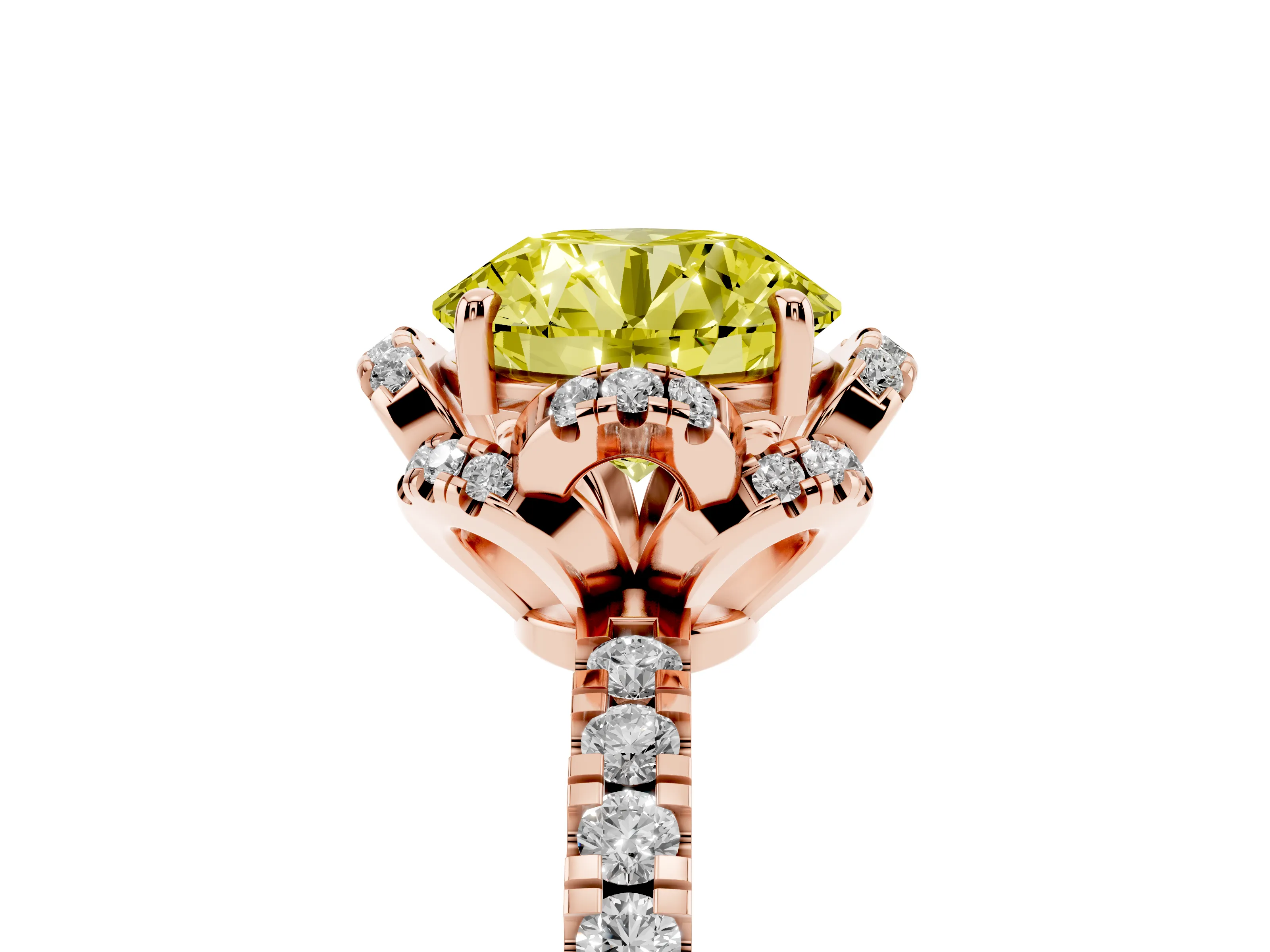 Fancy Yellow Round Cut Diamond Halo Pavé Band Ring Set in Rose gold with Prong-Held Center