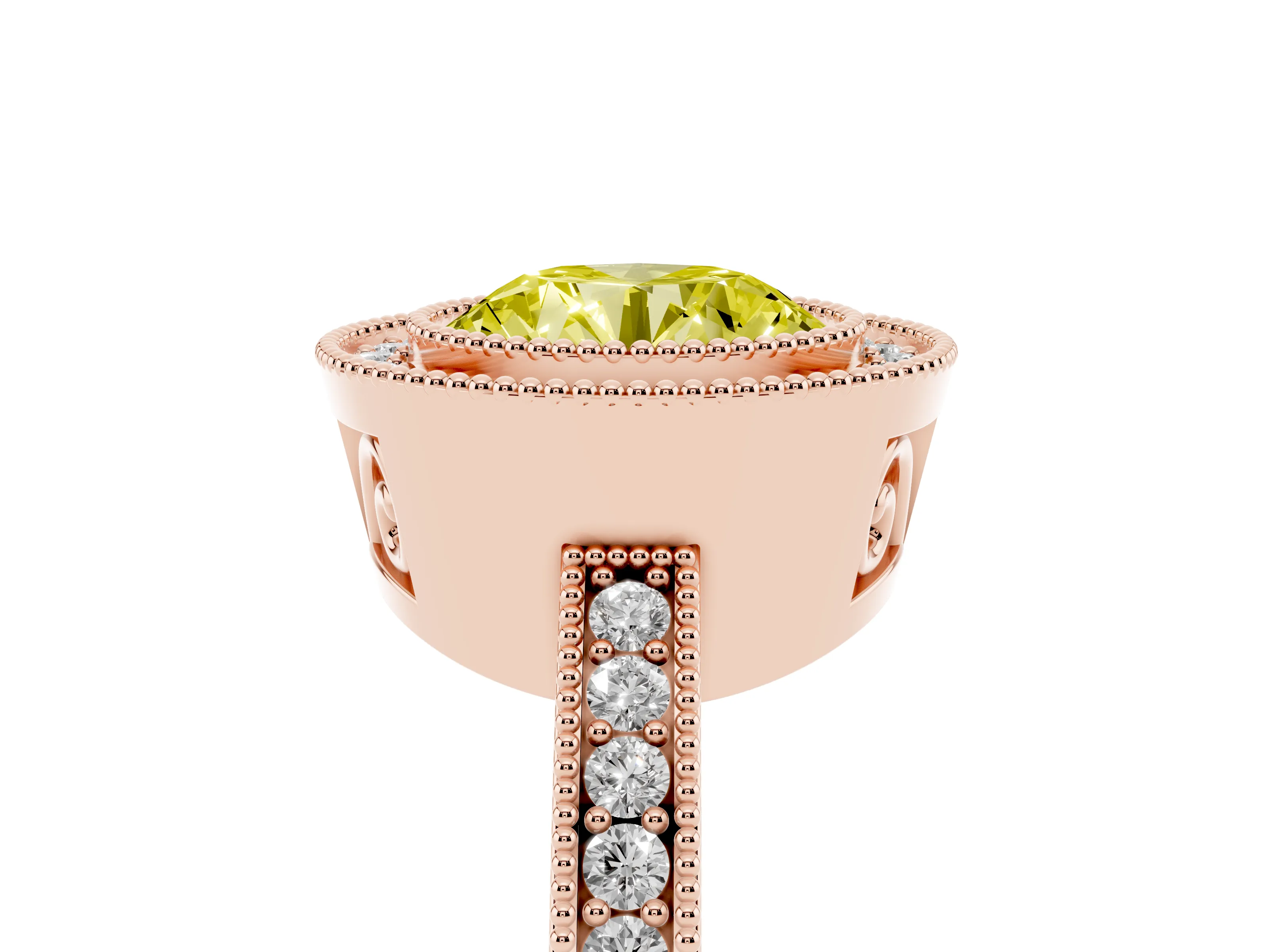 Fancy Yellow Round Cut Diamond Round Halo Ring Set in Rose gold with Pavé Band