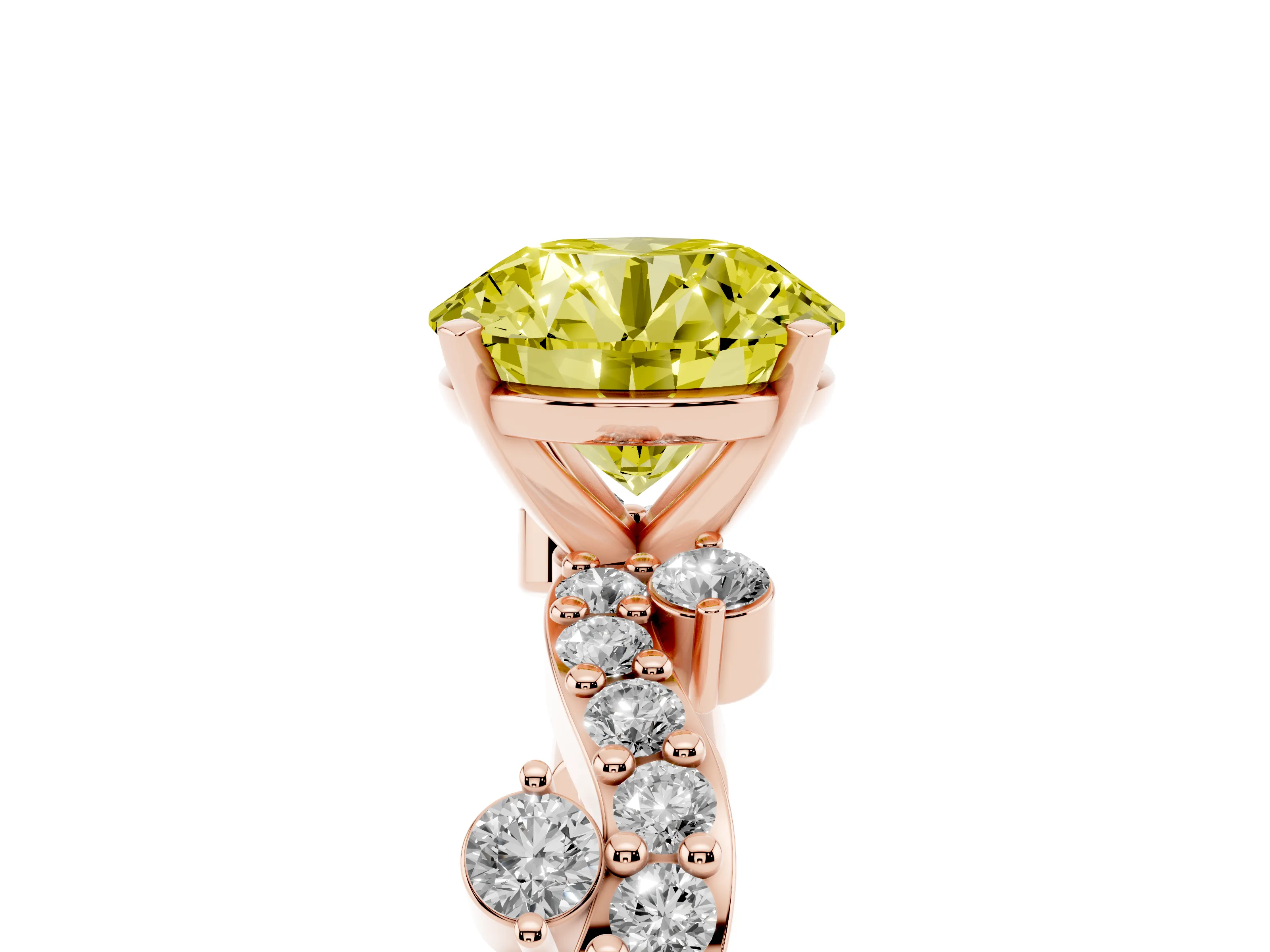 Fancy Yellow Round Cut Diamond Solitaire Twisted Band Set in Rose gold with Pavé Setting