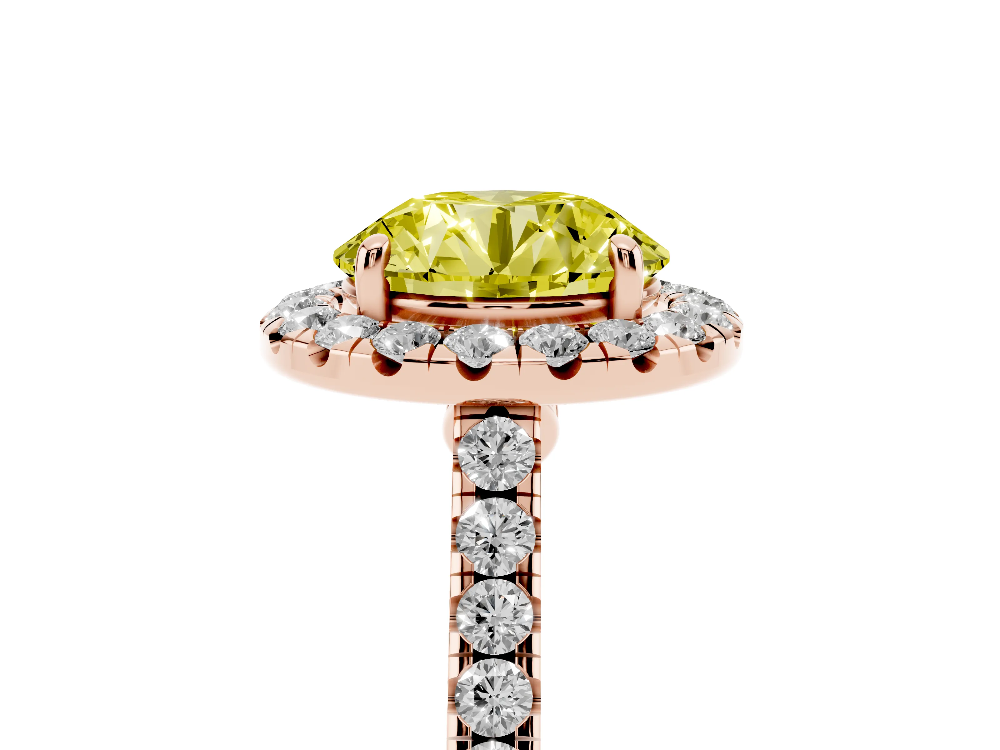 Fancy Yellow Round Cut Diamond Halo Pavé Engagement Ring Set in Rose gold with Prong Setting