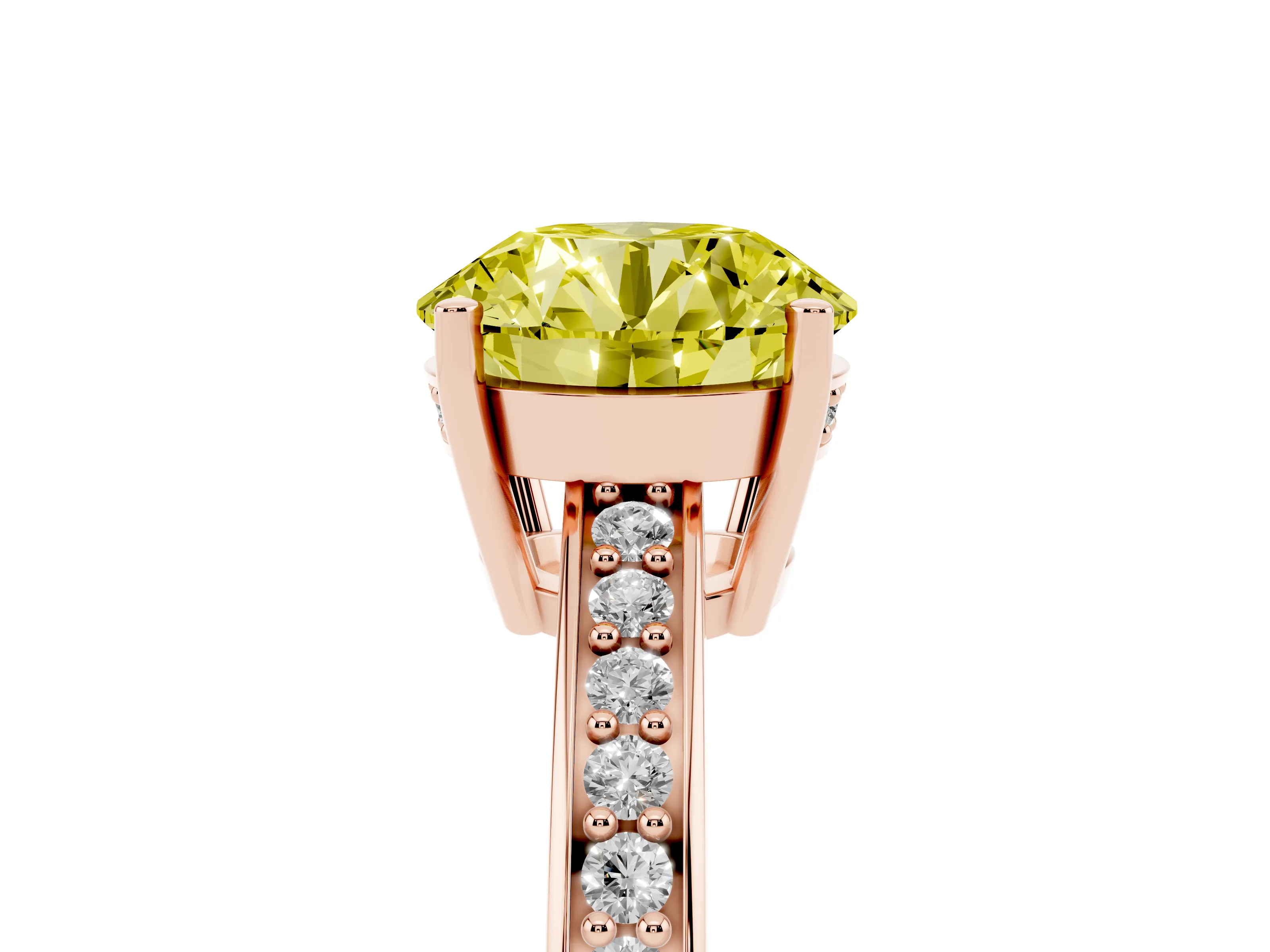 Fancy Yellow Round Cut Diamond Pavé Band Prong Set Solitaire Ring Set in Rose gold