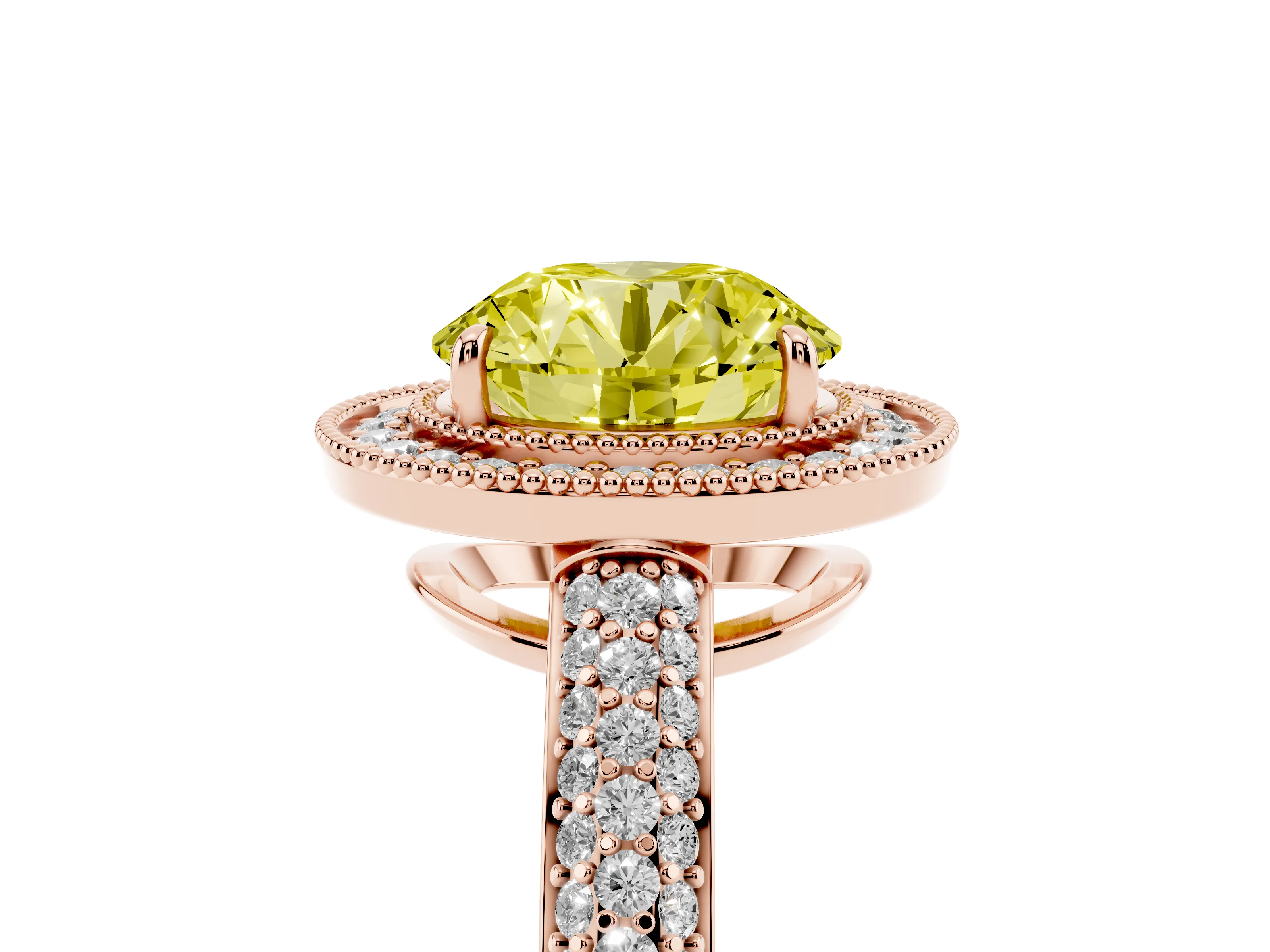 Fancy Yellow Round Cut Diamond Halo Pavé Band Set in Rose gold with Prong Setting
