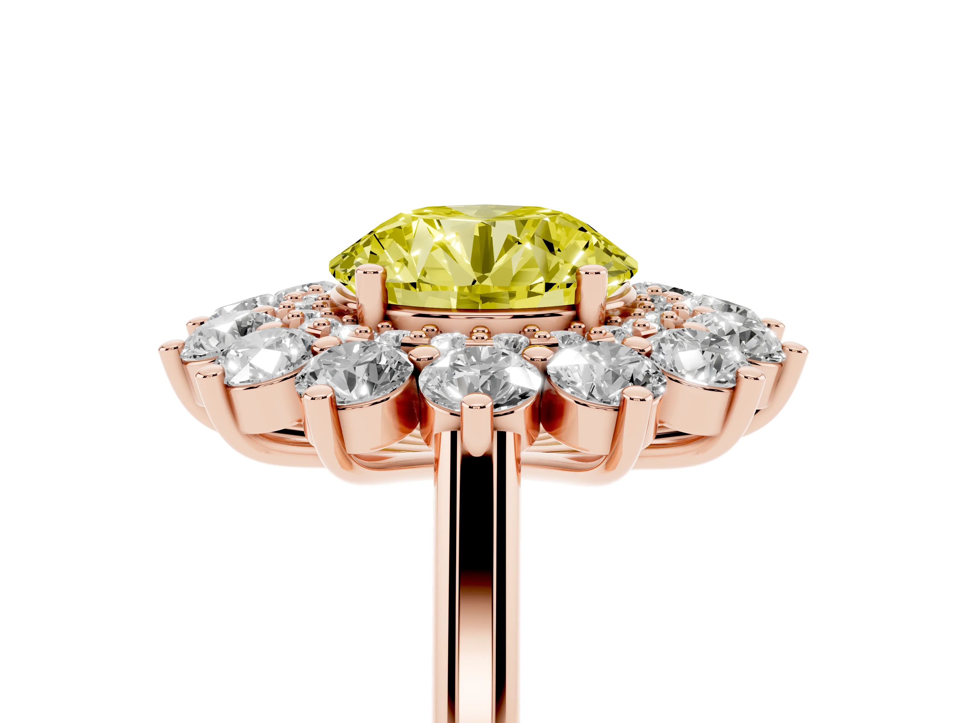 Fancy Yellow Round Cut Diamond Floral Double Halo Ring Set in Rose gold with Round Petals