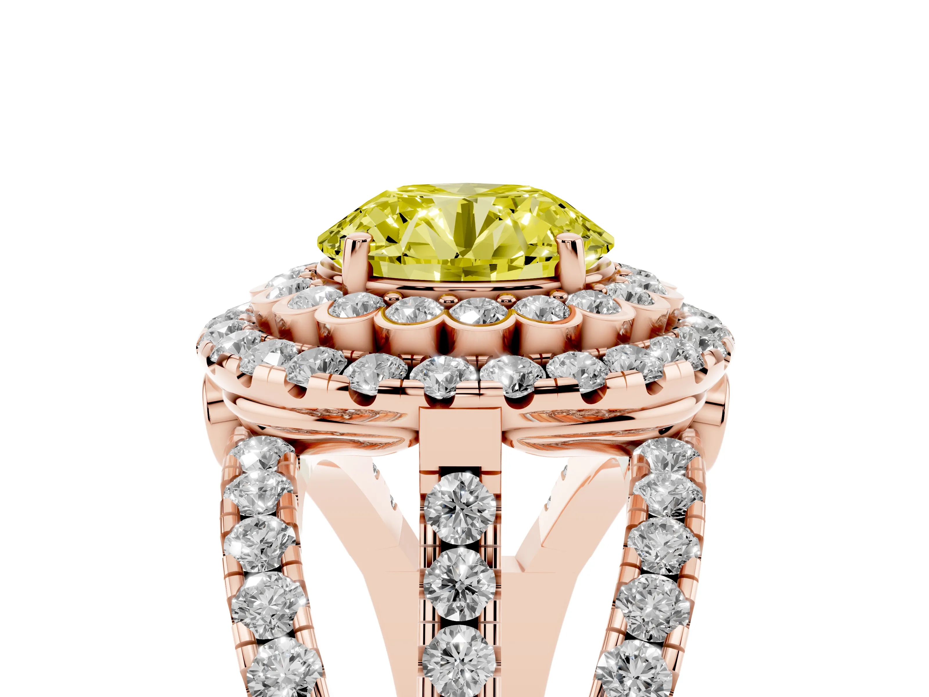 Fancy Yellow Round Cut Diamond Double Halo Ring Set in Rose gold with Round Pavé Split Shank