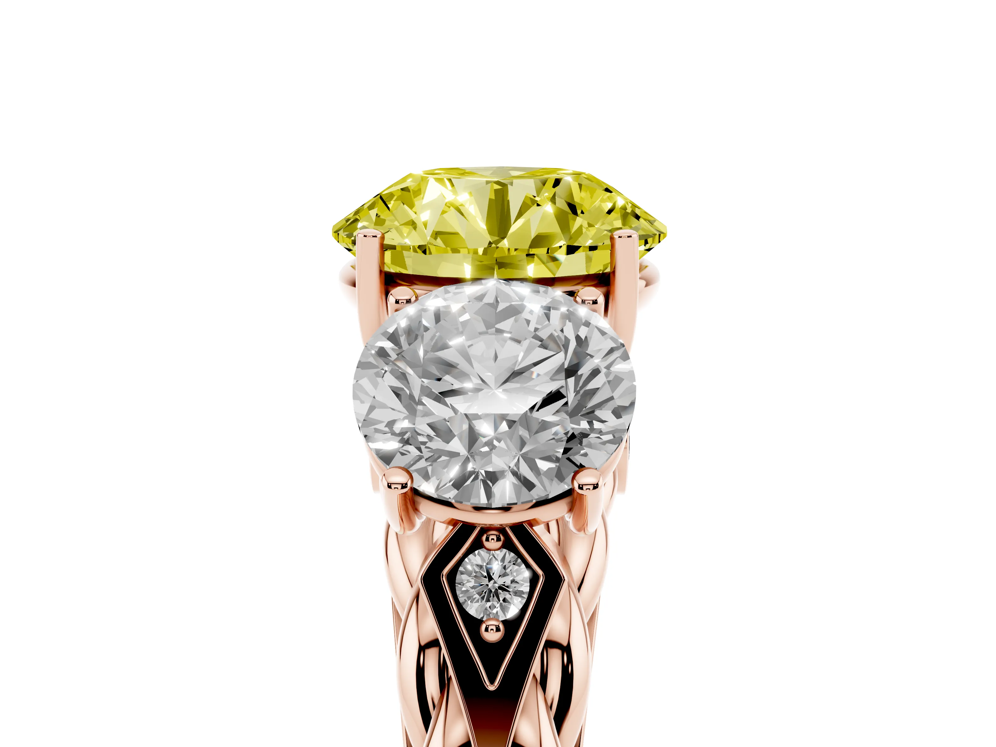 Fancy Yellow Round Cut Diamond Three-Stone Ring Set in Rose gold with Braided Band