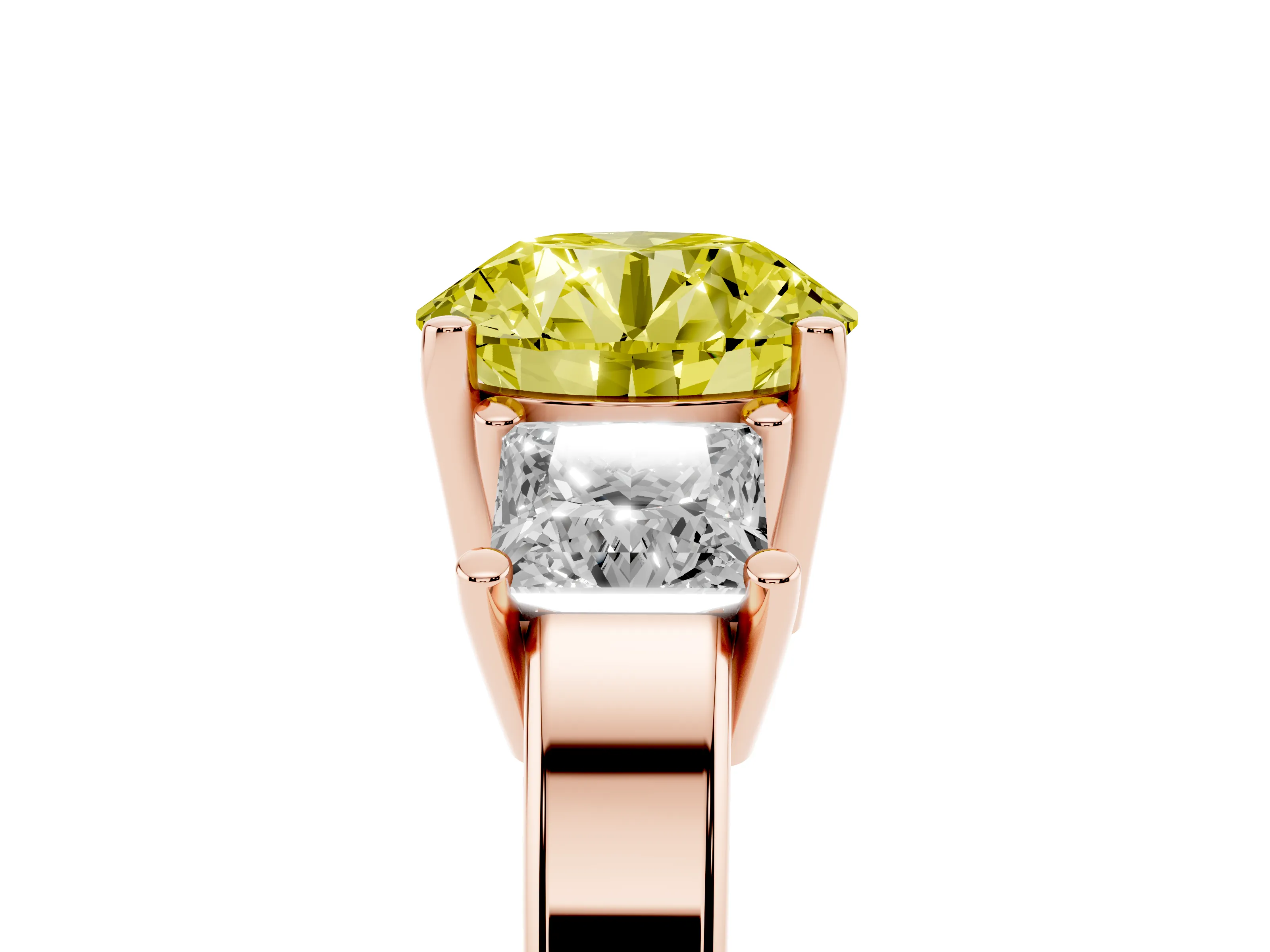 Fancy Yellow Three-Stone Round Cut Diamond Solitaire Ring Set in Rose gold with Prong Setting
