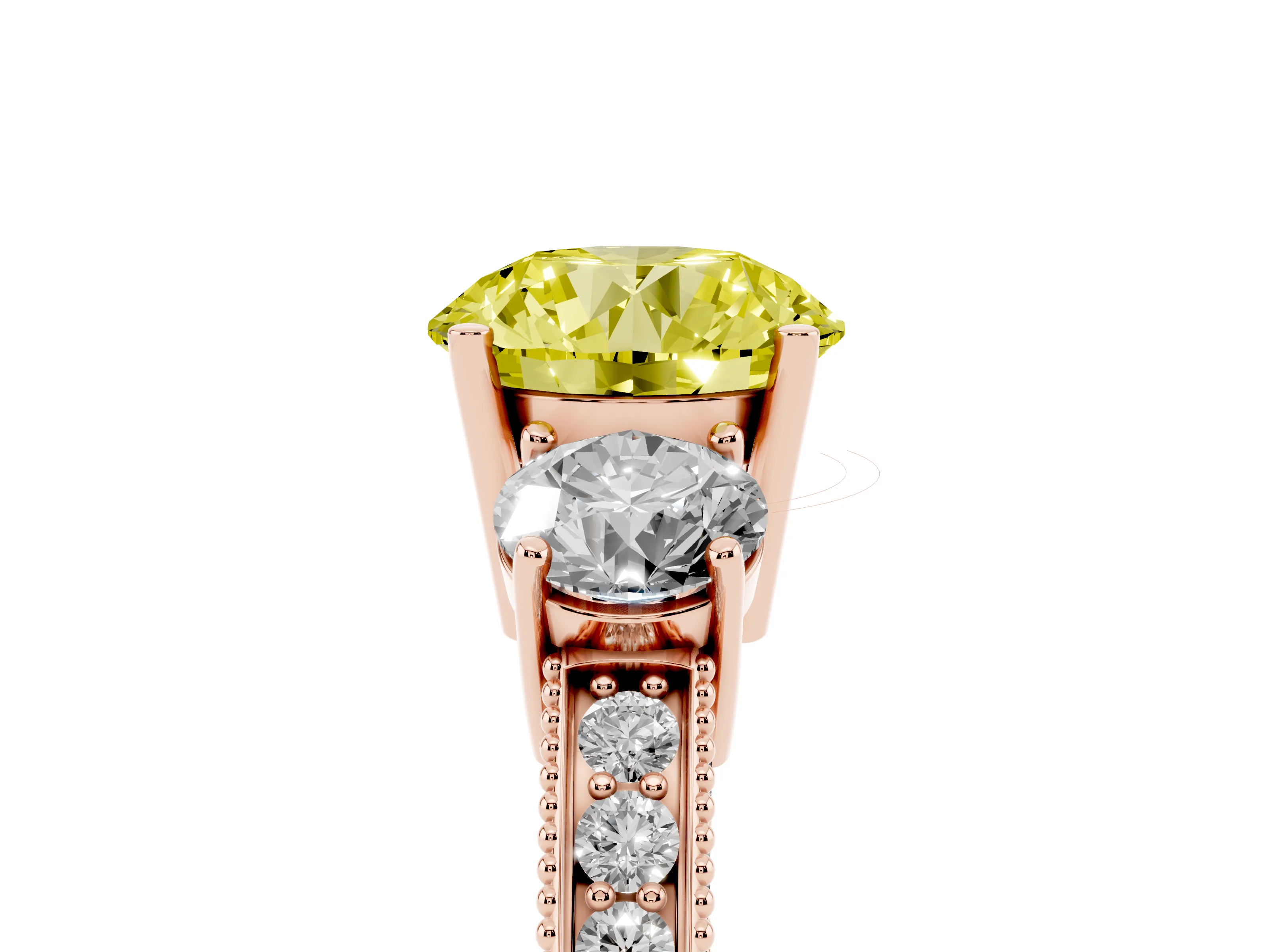 Fancy Yellow Round Cut Diamond Three-Stone Ring Set in Rose gold with Round Side Stones and Pavé Band