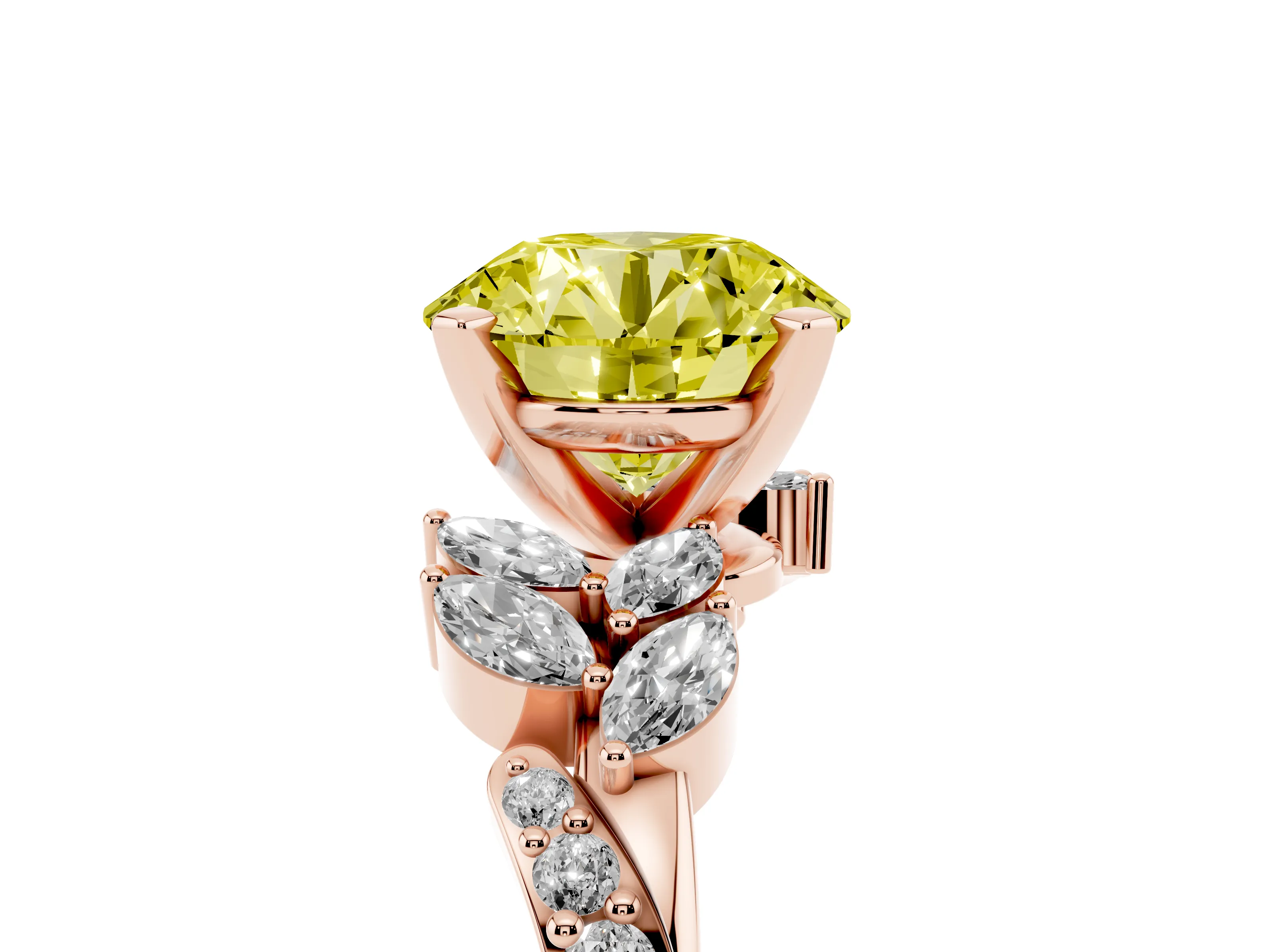 Fancy Yellow Round Cut Diamond Solitaire Ring Set in Rose gold with Marquise Twist Band and Prong Setting