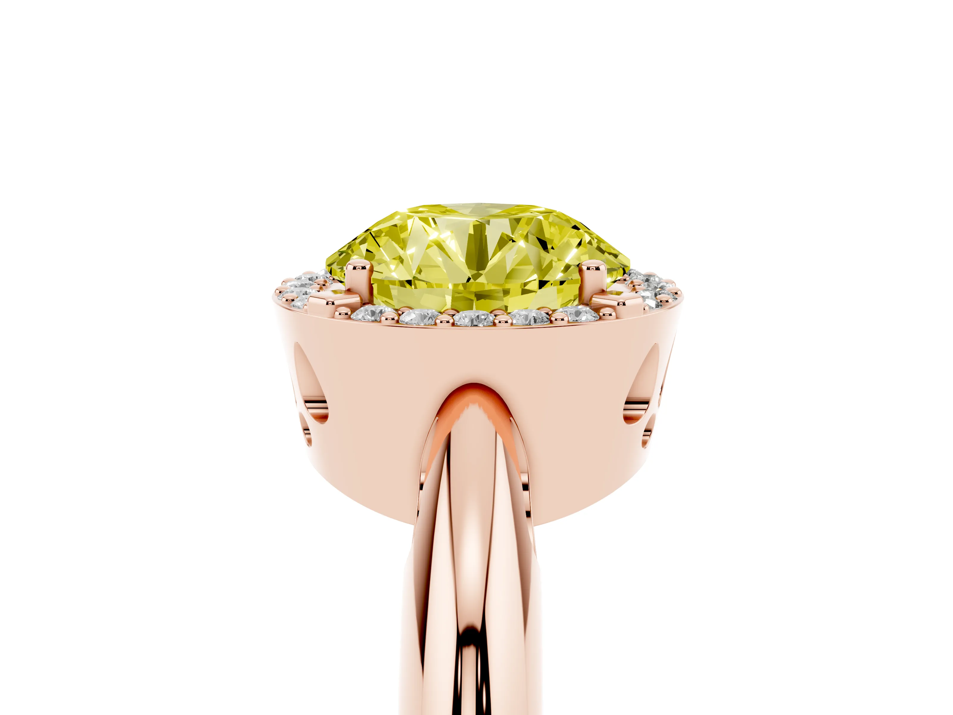 Fancy Yellow Round Cut Diamond Halo Engagement Ring Set in Rose gold with Plain Split Shank and Prong Setting