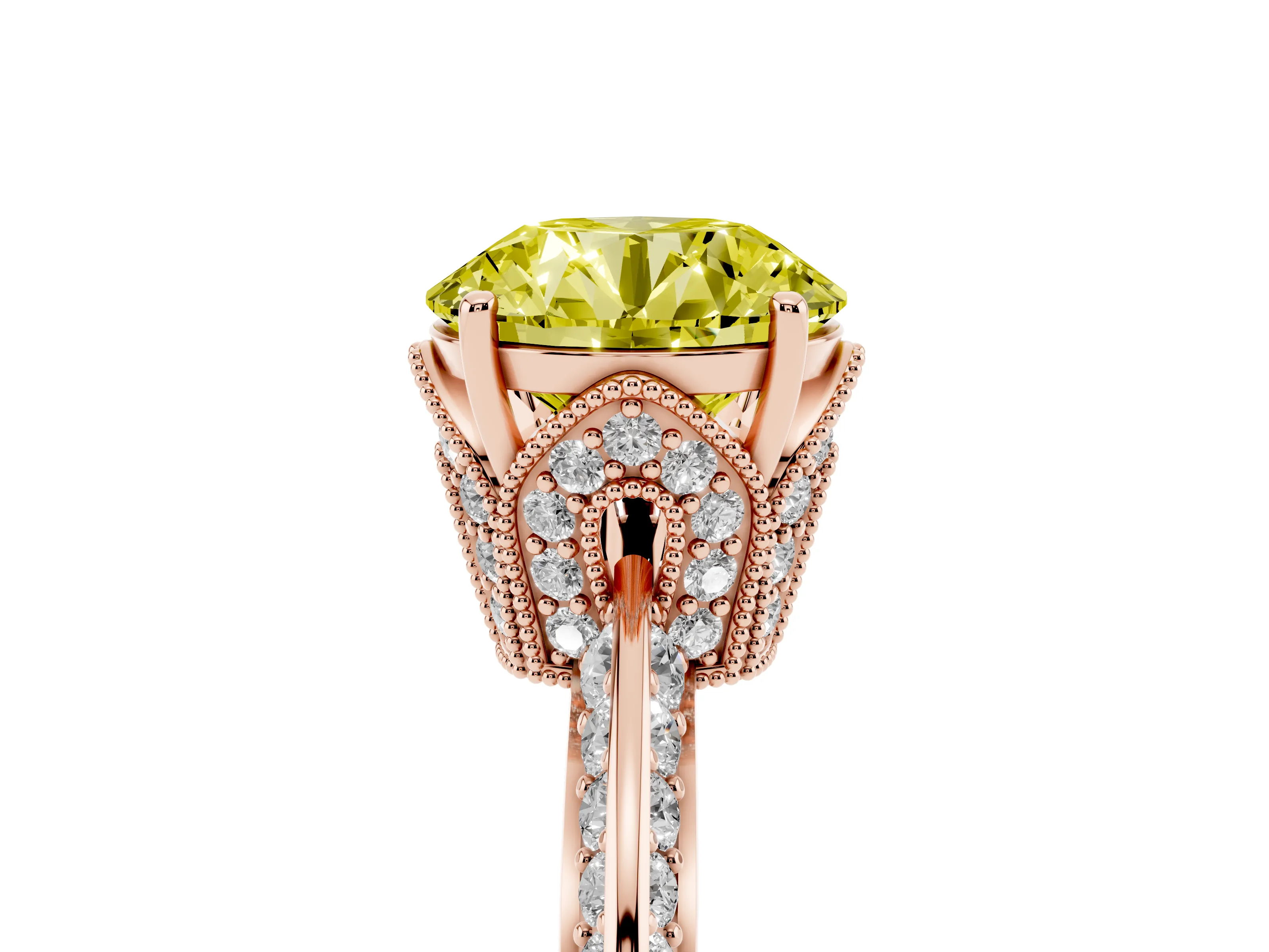 Fancy Yellow Round Cut Diamond Solitaire Engagement Ring Set in Rose gold with Pavé Split Shank and Prong Setting