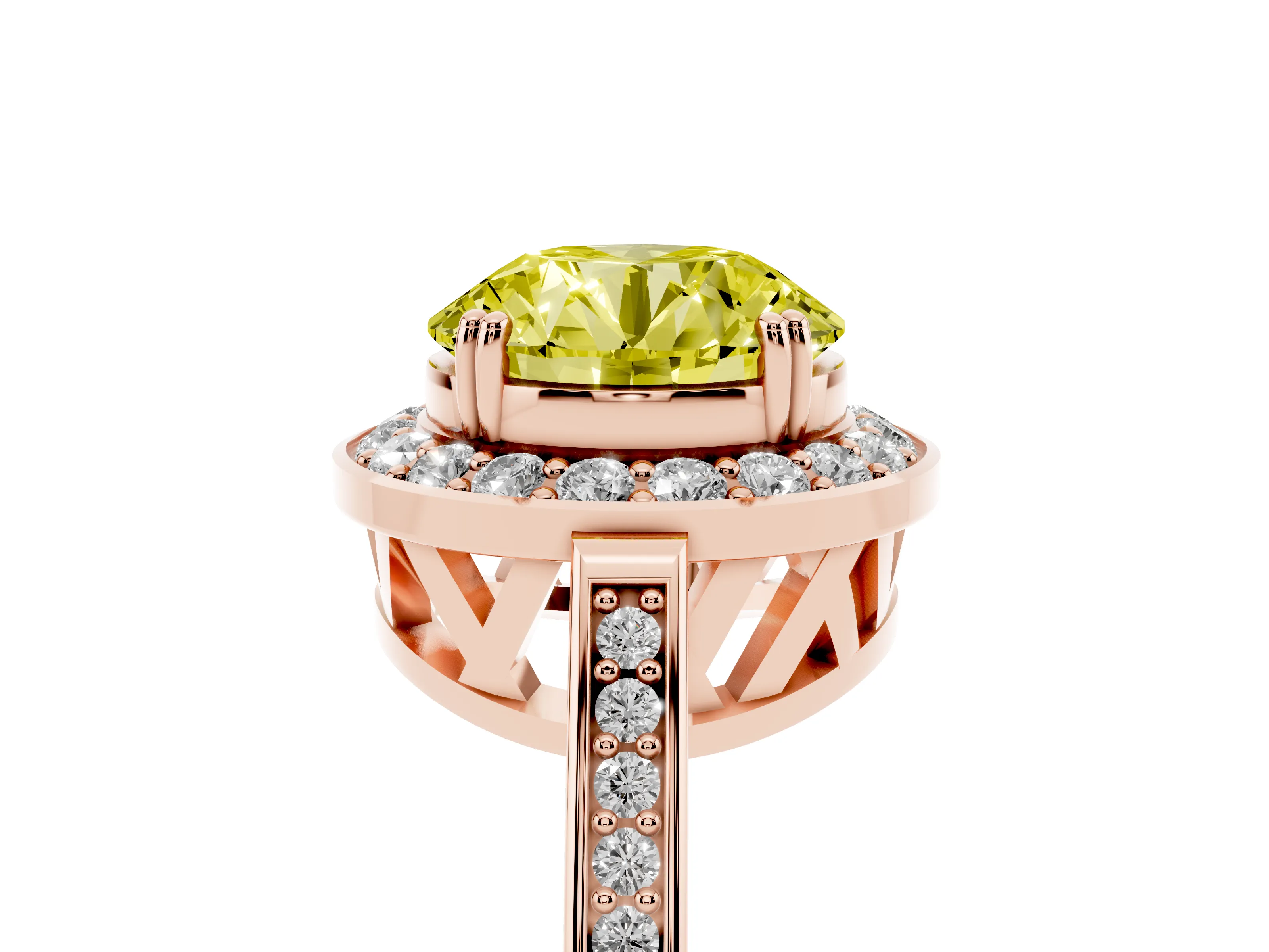 Fancy Yellow Round Cut Diamond Halo Ring Set in Rose gold with Accent-Lined Split Shank and Prong Setting