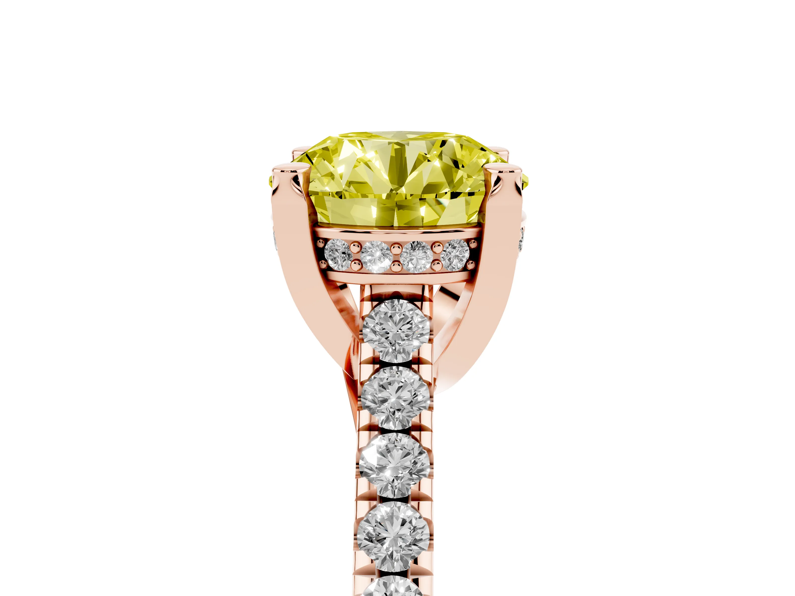 Fancy Yellow Round Cut Diamond Solitaire Ring Set in Rose gold with Brilliant Pavé Band and Prong Setting