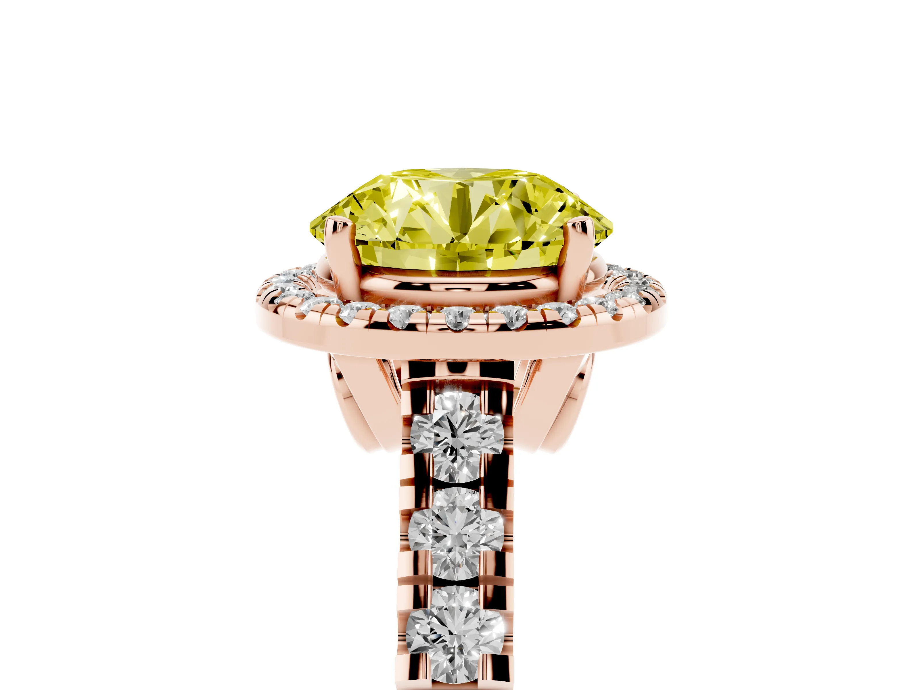 Fancy Yellow Round Cut Diamond Halo Engagement Ring Set in Rose gold with Pavé Band and Prong-Set Center
