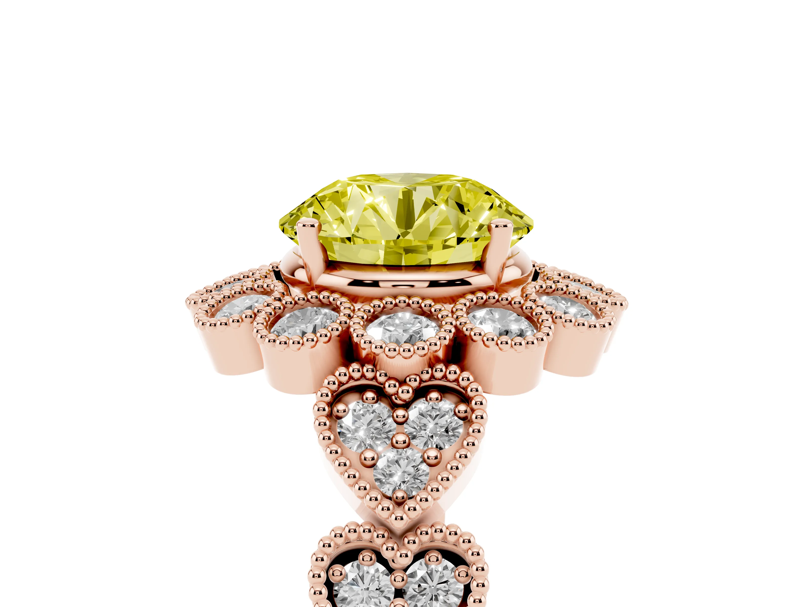 Fancy Yellow Round Cut Diamond Solitaire Ring Set in Rose gold with Milgrain Pavé Heart Band