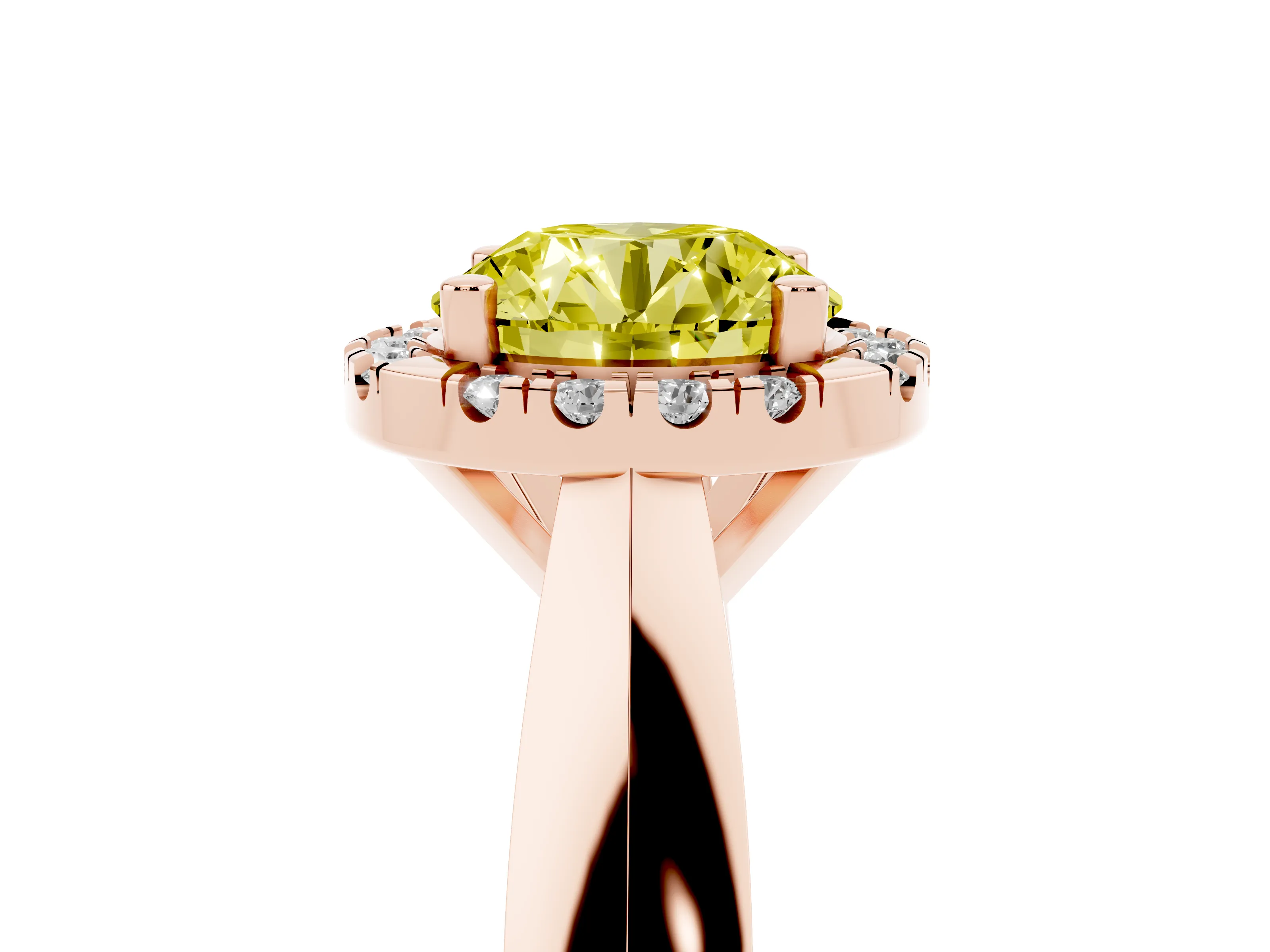 Fancy Yellow Round Cut Diamond Halo Solitaire Engagement Ring Set in Rose gold with Square Band and Prong Setting