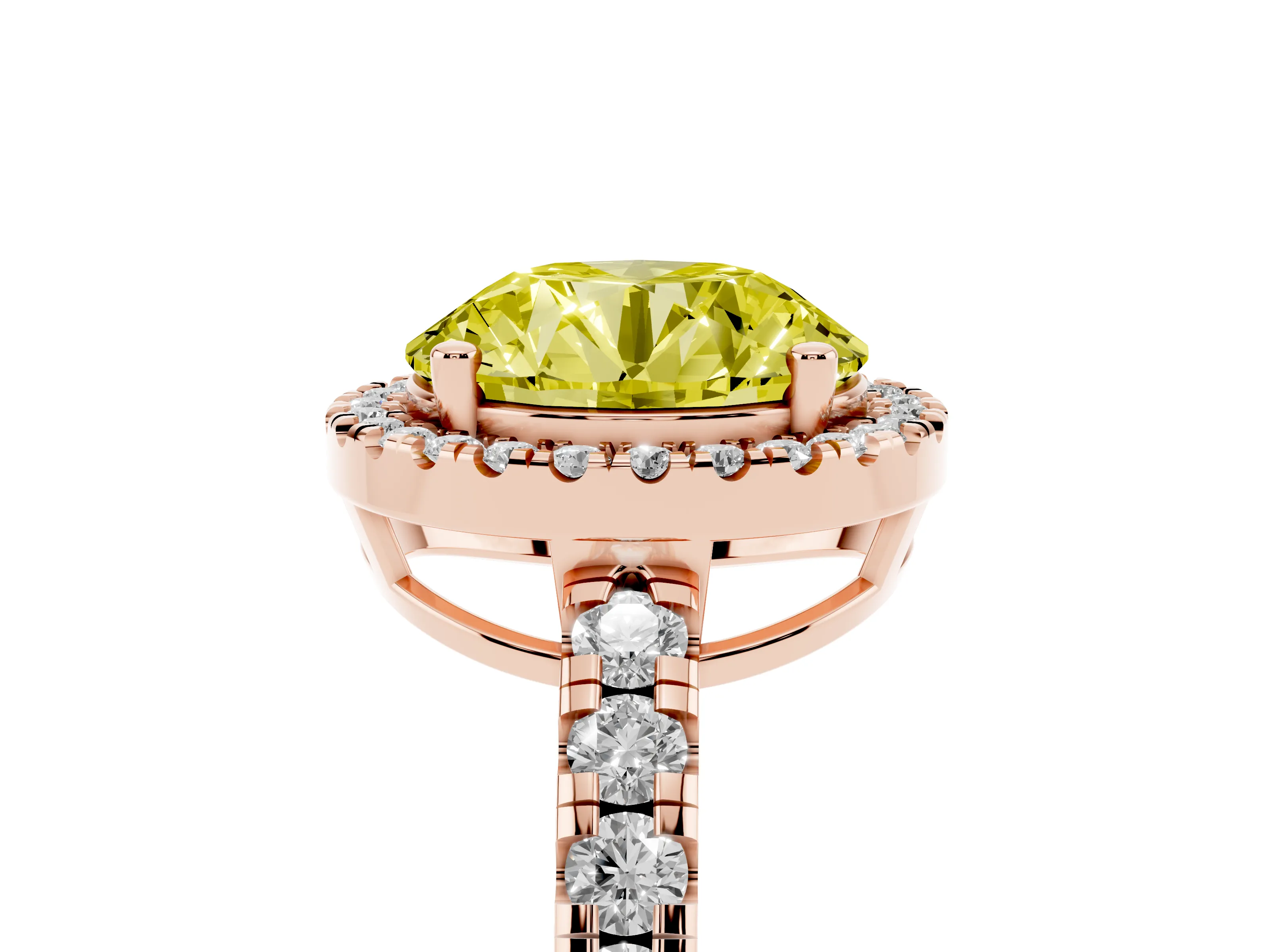 Fancy Yellow Round Cut Diamond Halo Ring Set in Rose gold with Delicate Pavé Band and Prong Setting