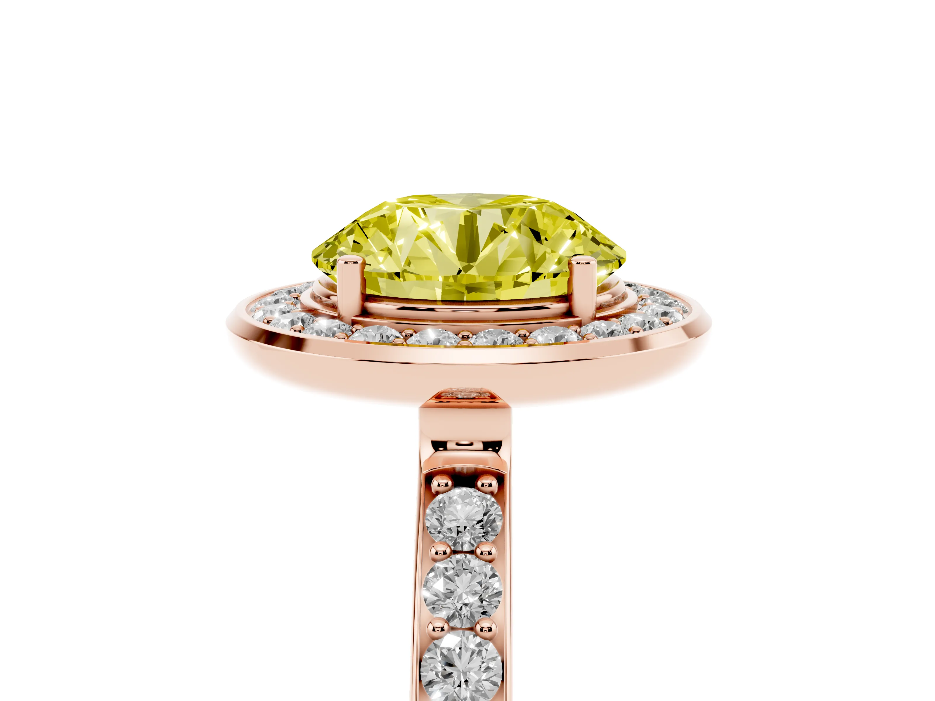 Fancy Yellow Round Cut Diamond Halo Ring Set in Rose gold with Bezel Frame and Pavé Band