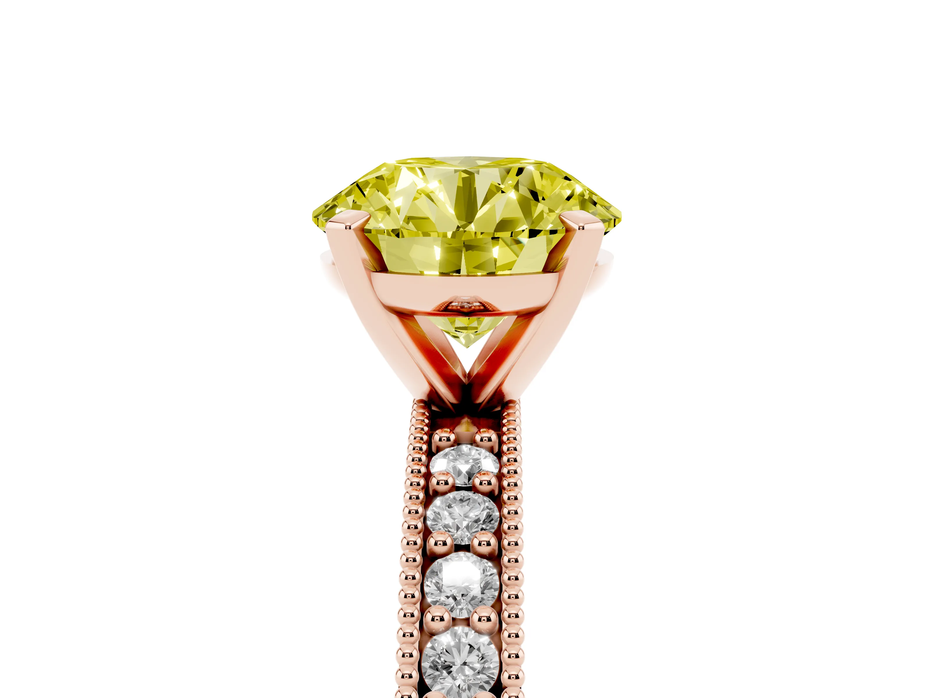 Fancy Yellow Round Cut Diamond Milgrain Pavé Engagement Ring Set in Rose gold with Prong Setting