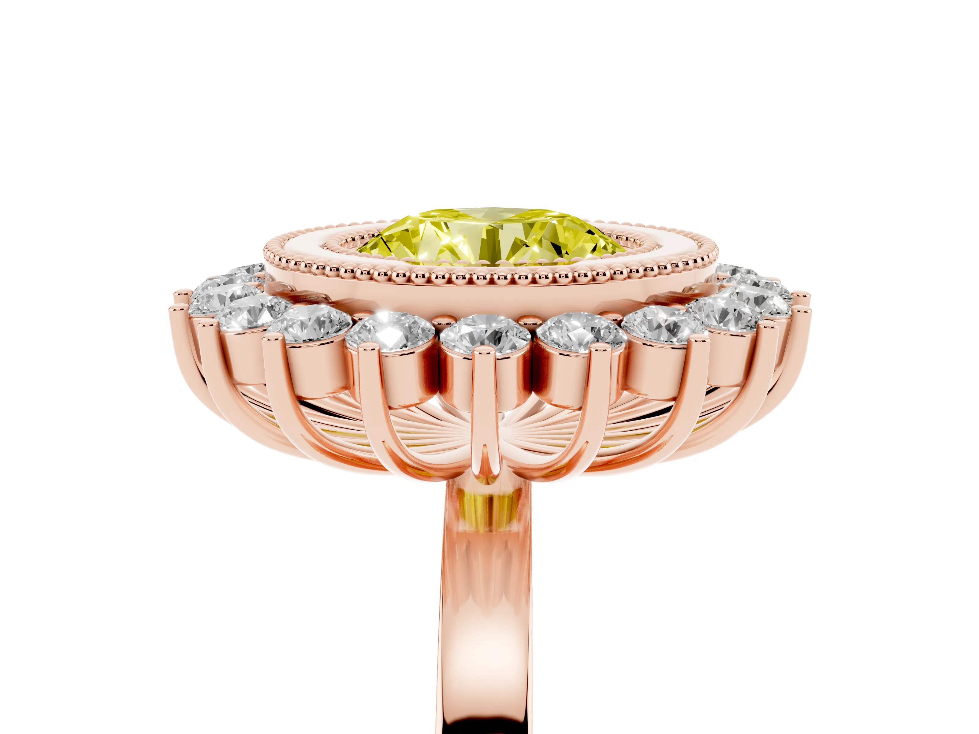 Fancy Yellow Round Cut Diamond Halo Ring Set in Rose gold with Milgrain Edge and Round Prong Setting