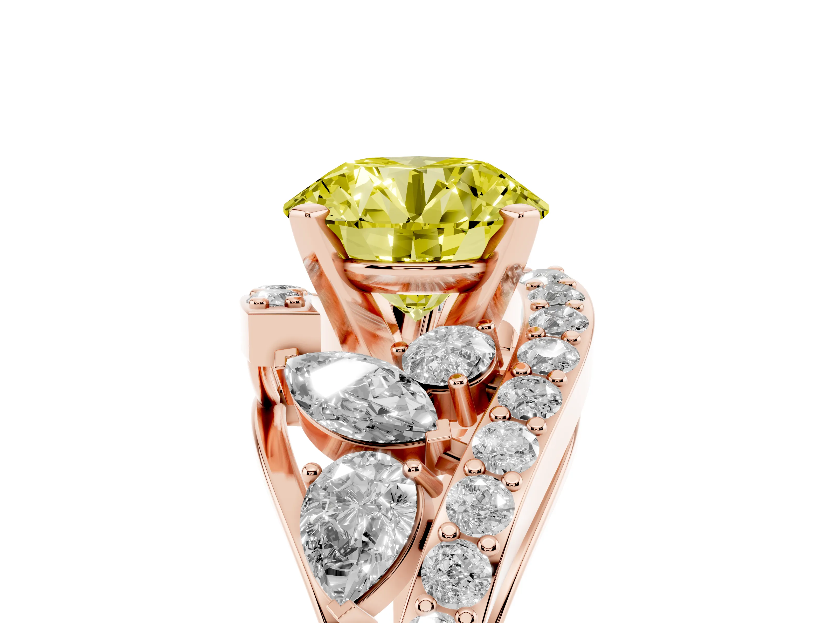 Fancy Yellow Round Cut Diamond Halo Ring Set in Rose gold with Marquise and Pavé Band in Prong Setting