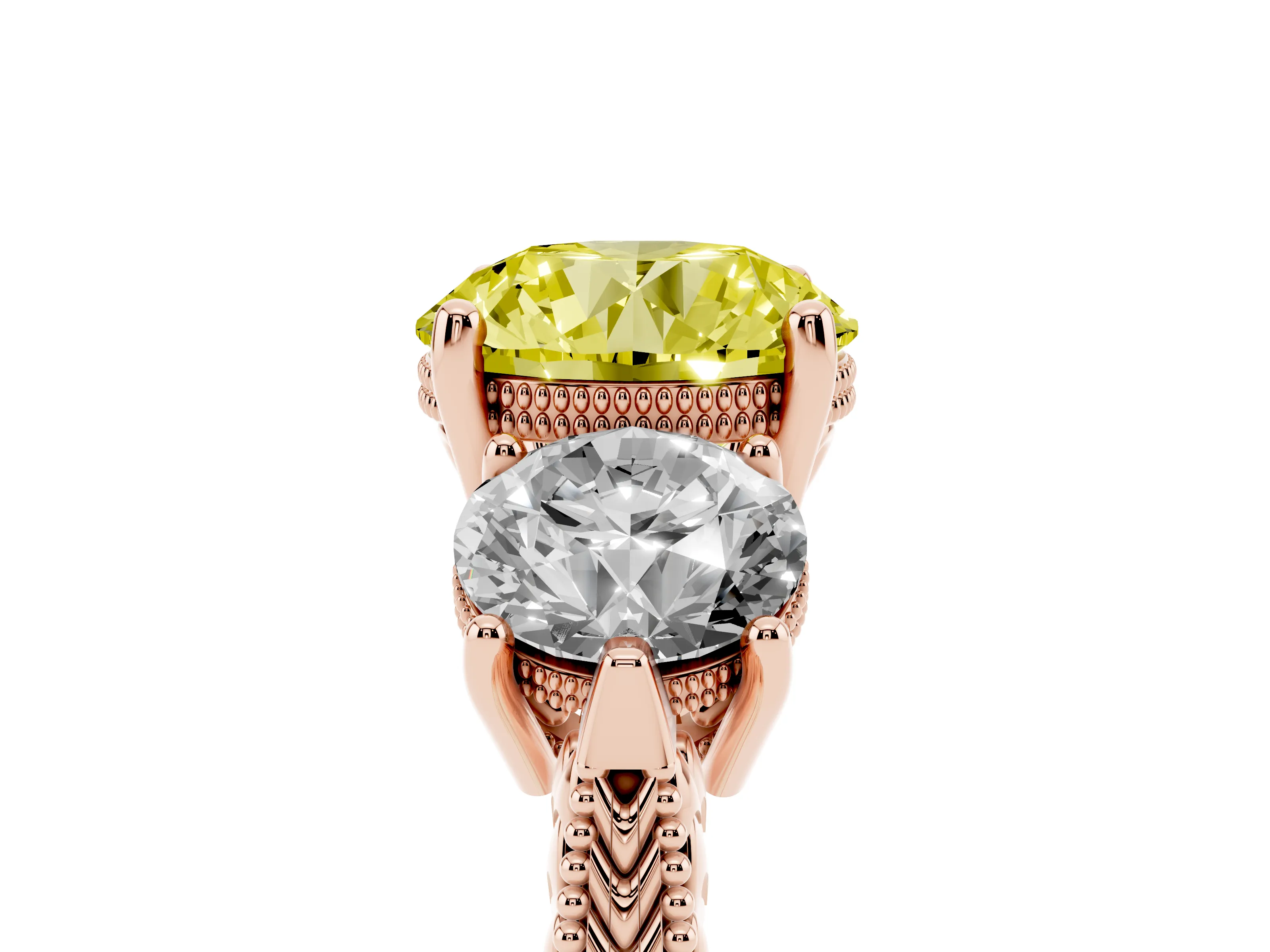 Fancy Yellow Round Cut Diamond Three-Stone Ring Set in Rose gold with Milgrain Band