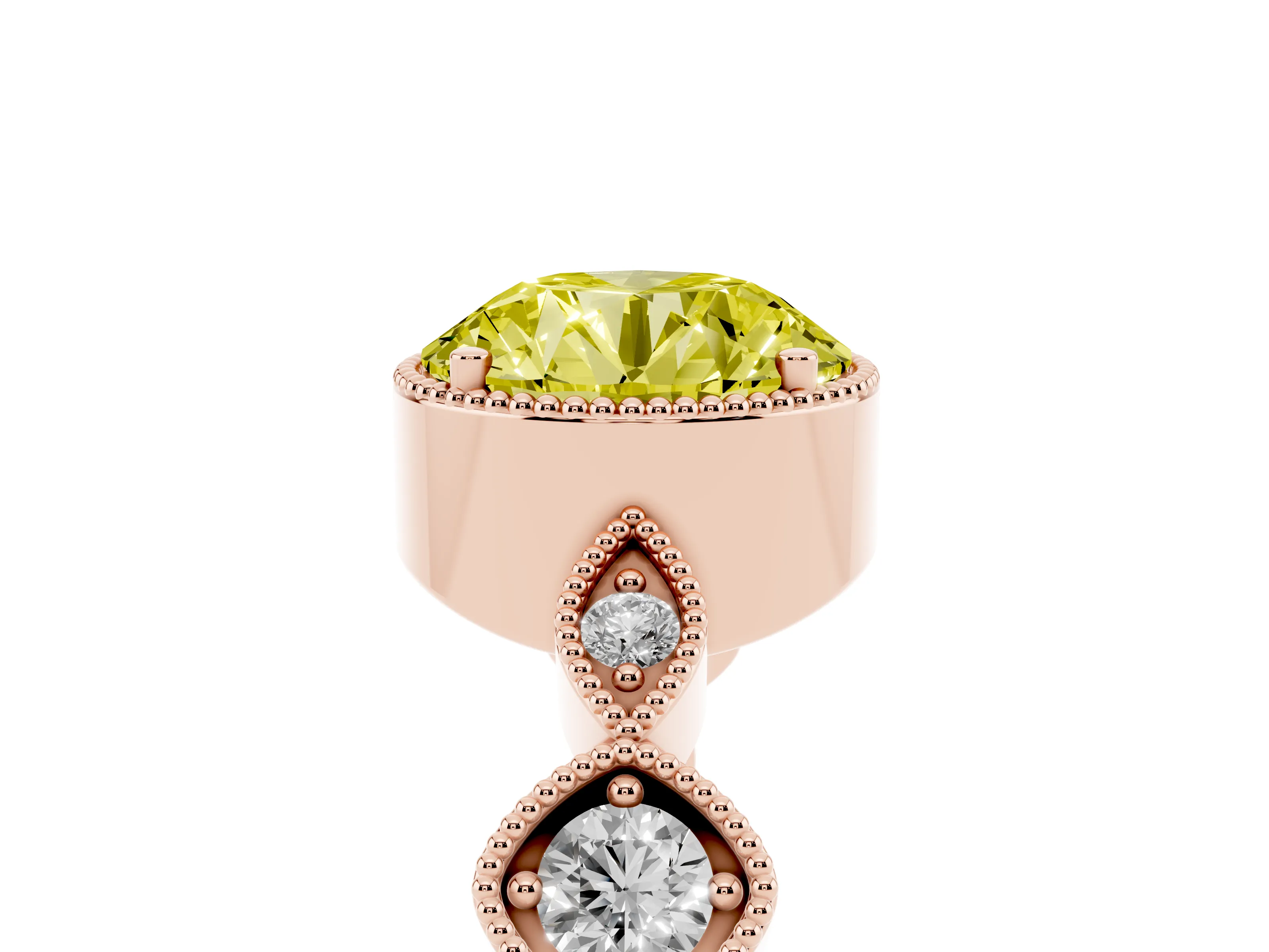 Fancy Yellow Round Cut Diamond Vintage-Inspired Milgrain Ring Set in Rose gold with Marquise Stations of Round Accents