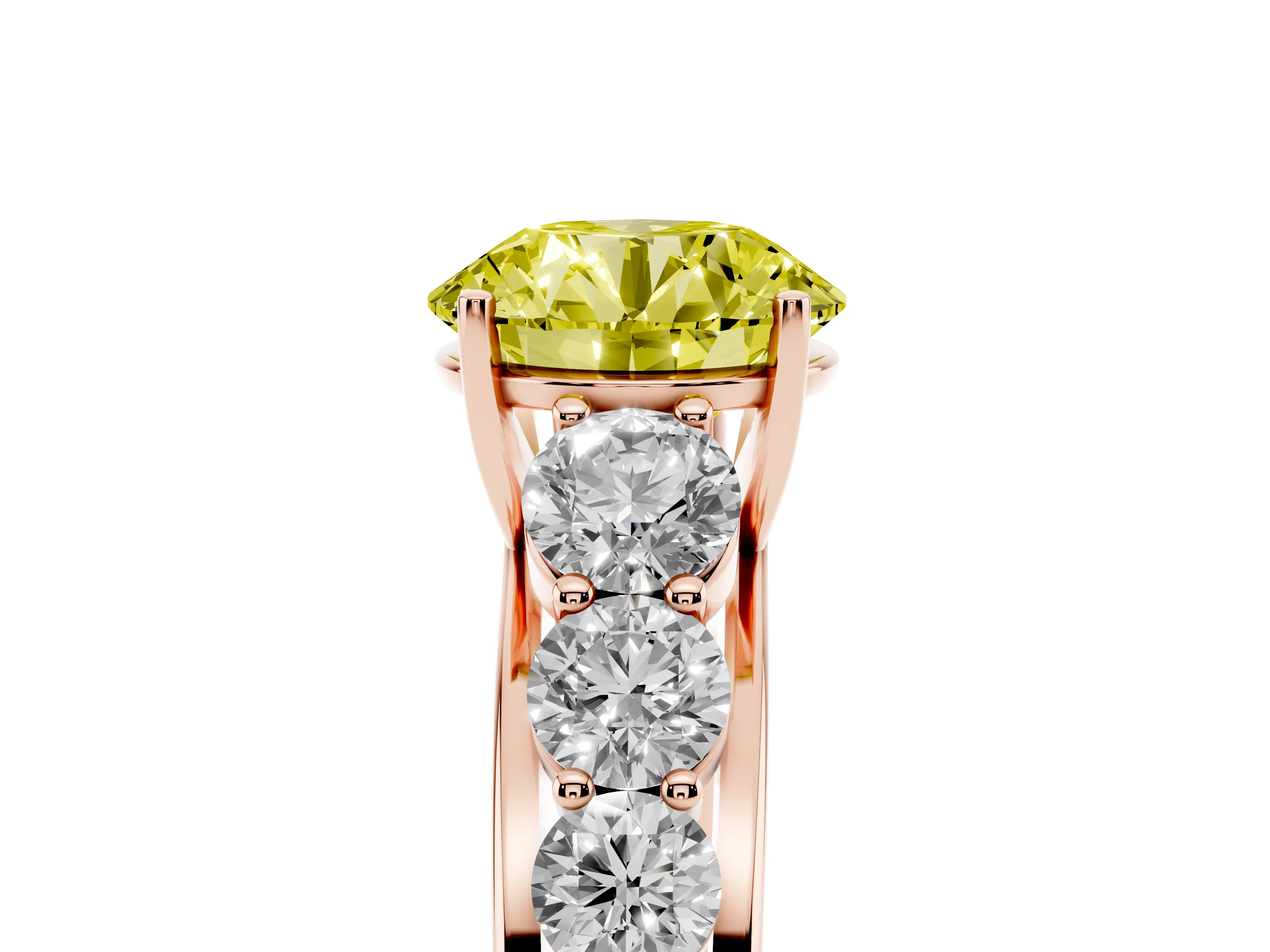 Fancy Yellow Round Cut Diamond Solitaire Ring Set in Rose gold with Pavé-Set Band and Prong Setting