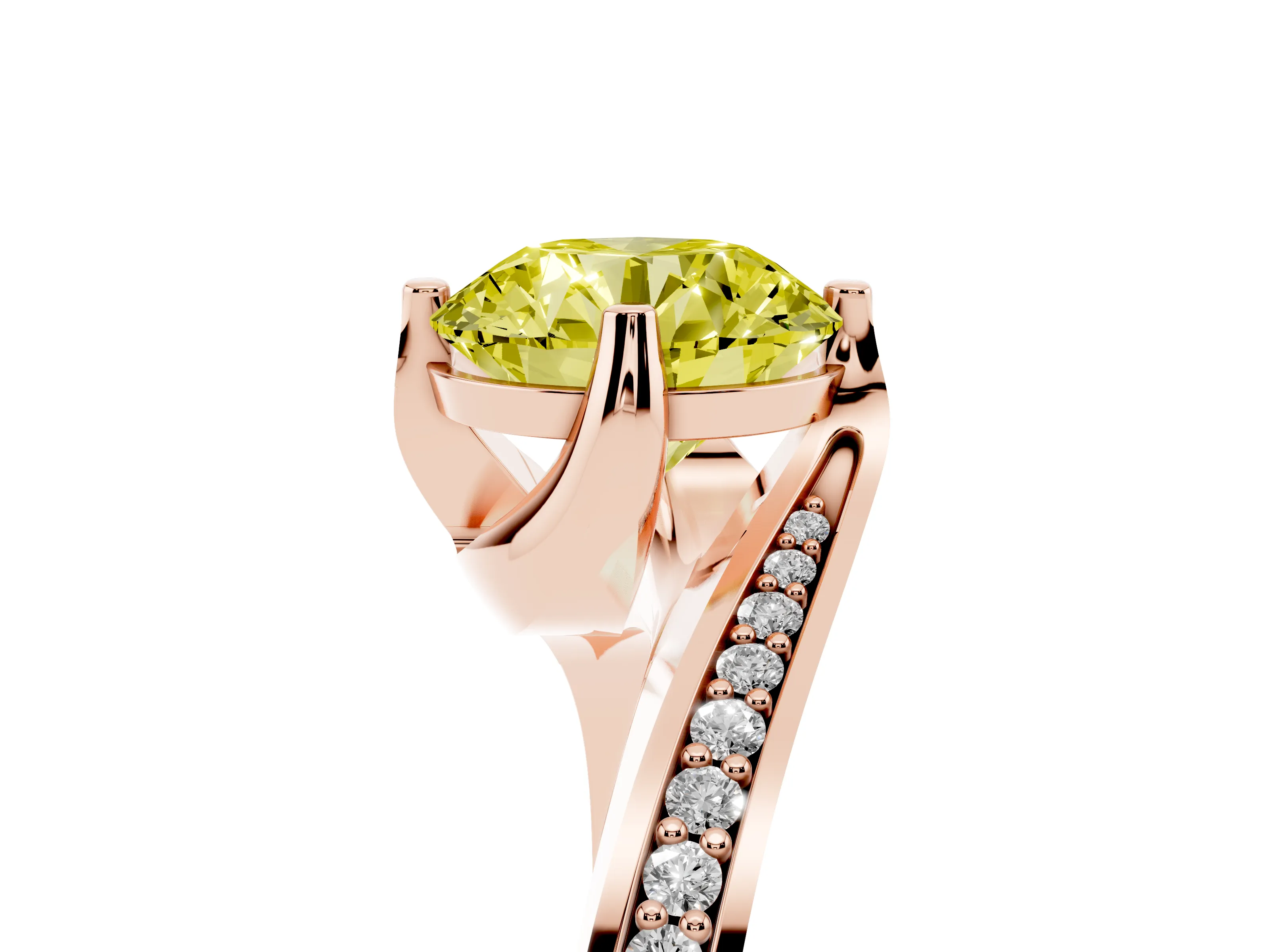Fancy Yellow Round Cut Diamond Solitaire Ring Set in Rose gold with Intertwined Pavé Twist Band