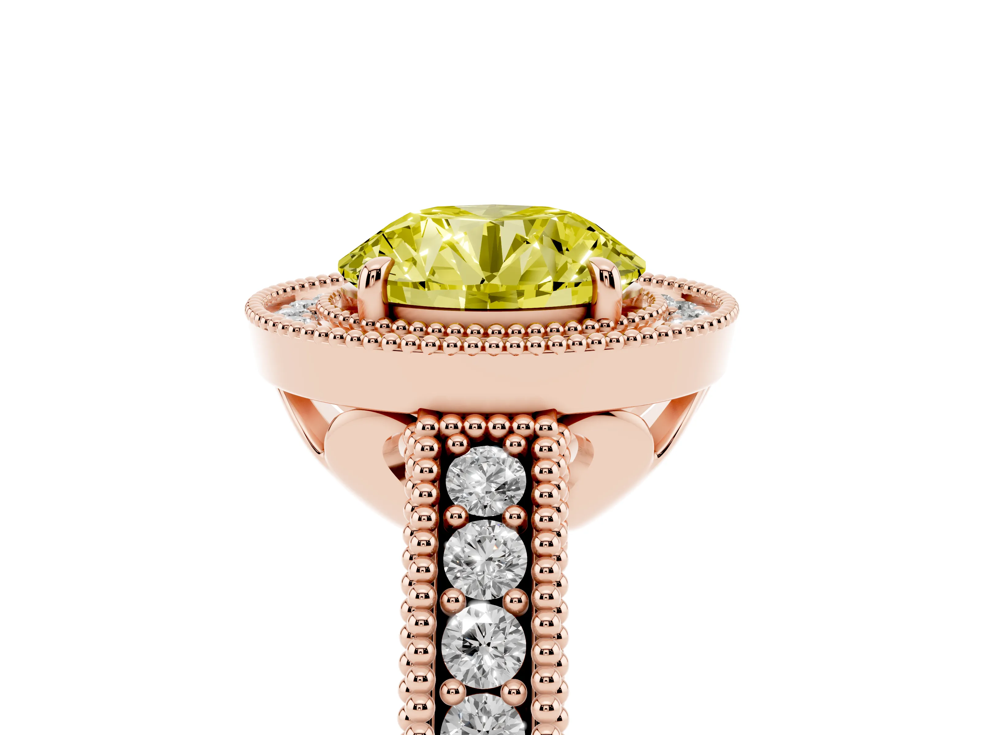 Fancy Yellow Round Cut Diamond Halo Ring Set in Rose gold with Round Accent Halo, Pavé Band and Prong Setting