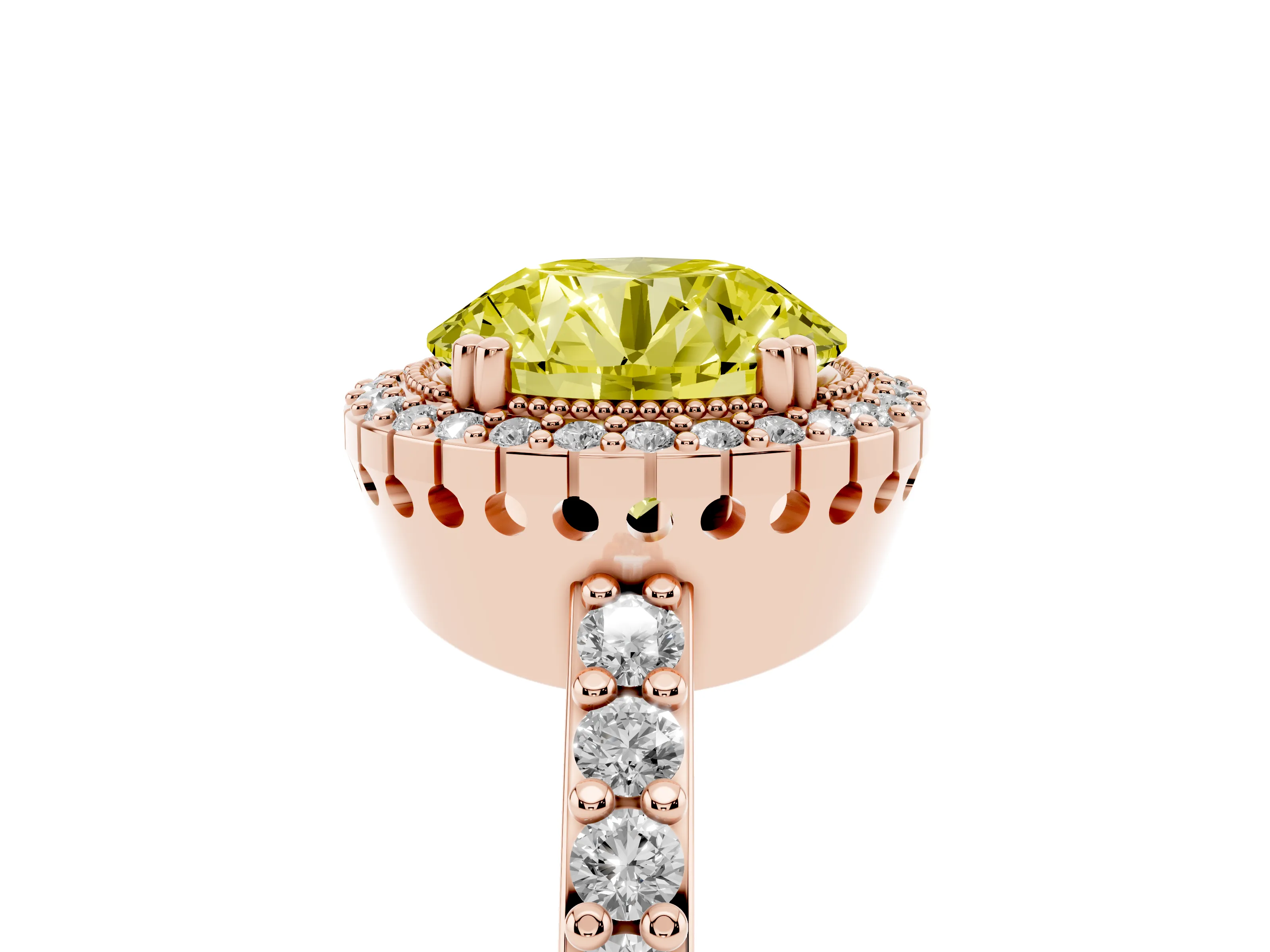 Fancy Yellow Round Cut Diamond Halo Engagement Ring Set in Rose gold with Milgrain Detail and Pavé Band