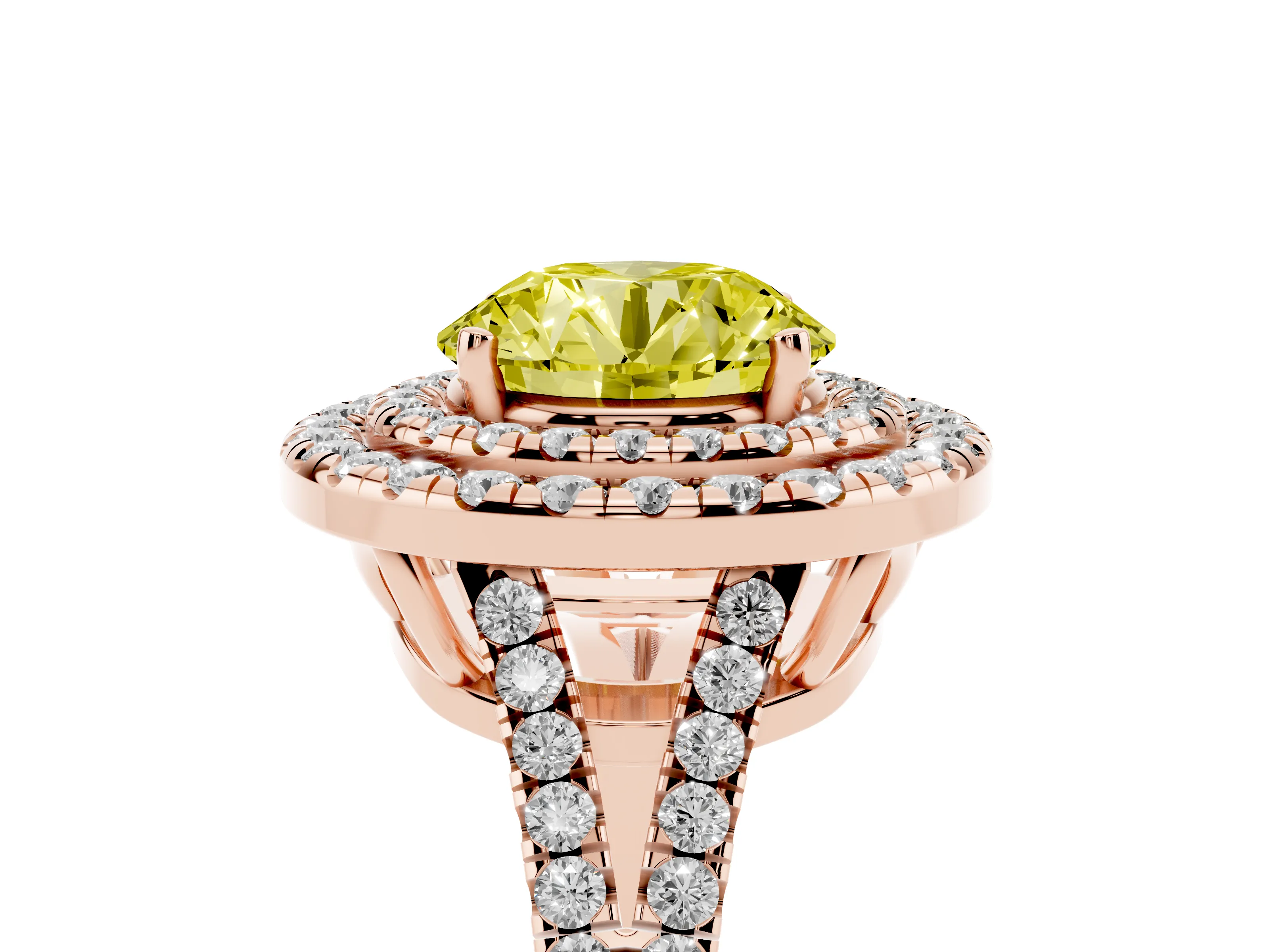 Fancy Yellow Round Cut Diamond Double Halo Ring Set in Rose gold with Pavé Band