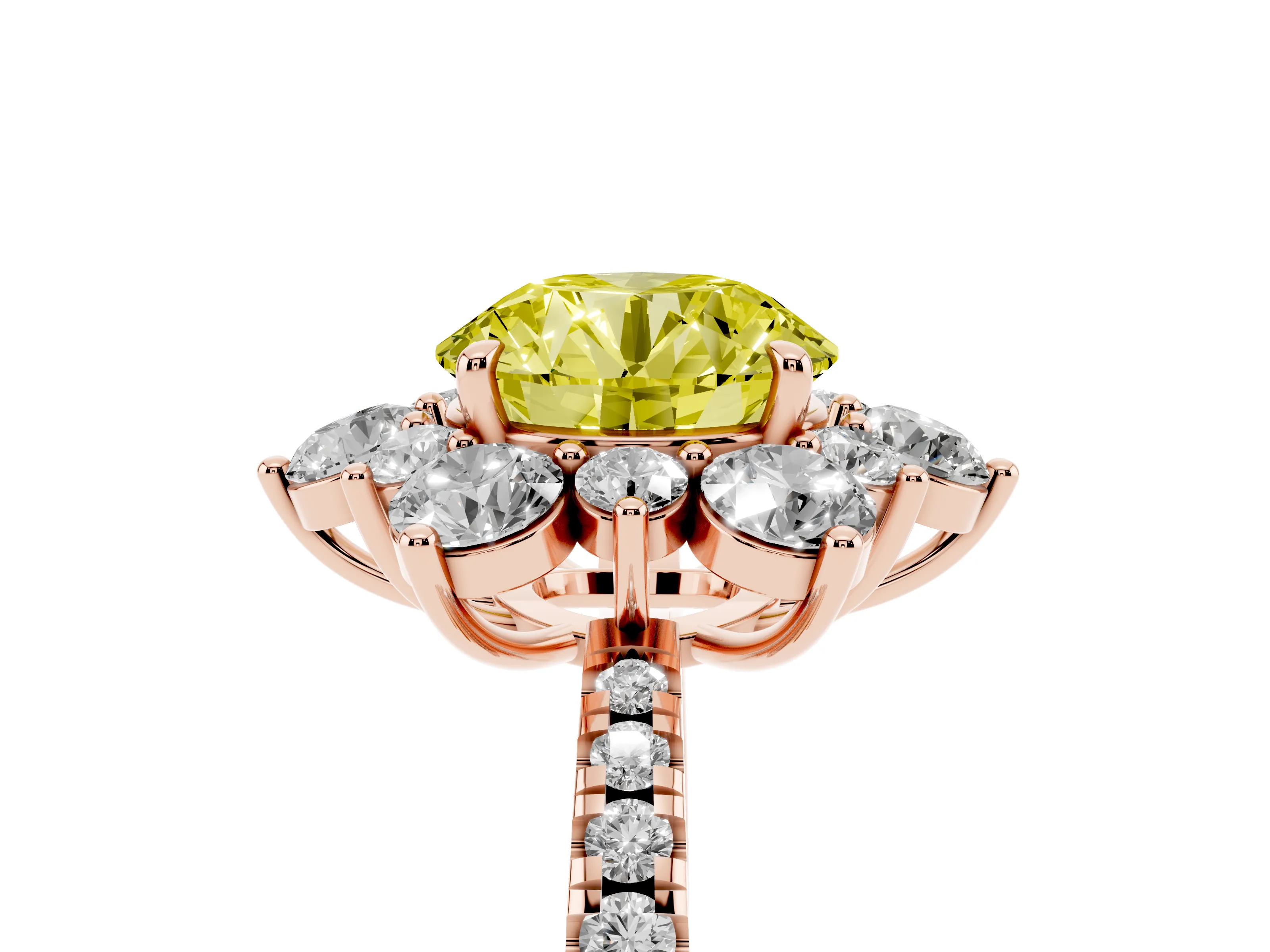 Fancy Yellow Round Cut Diamond Floral Halo Ring Set in Rose gold with Round Pavé Band and Prong Setting