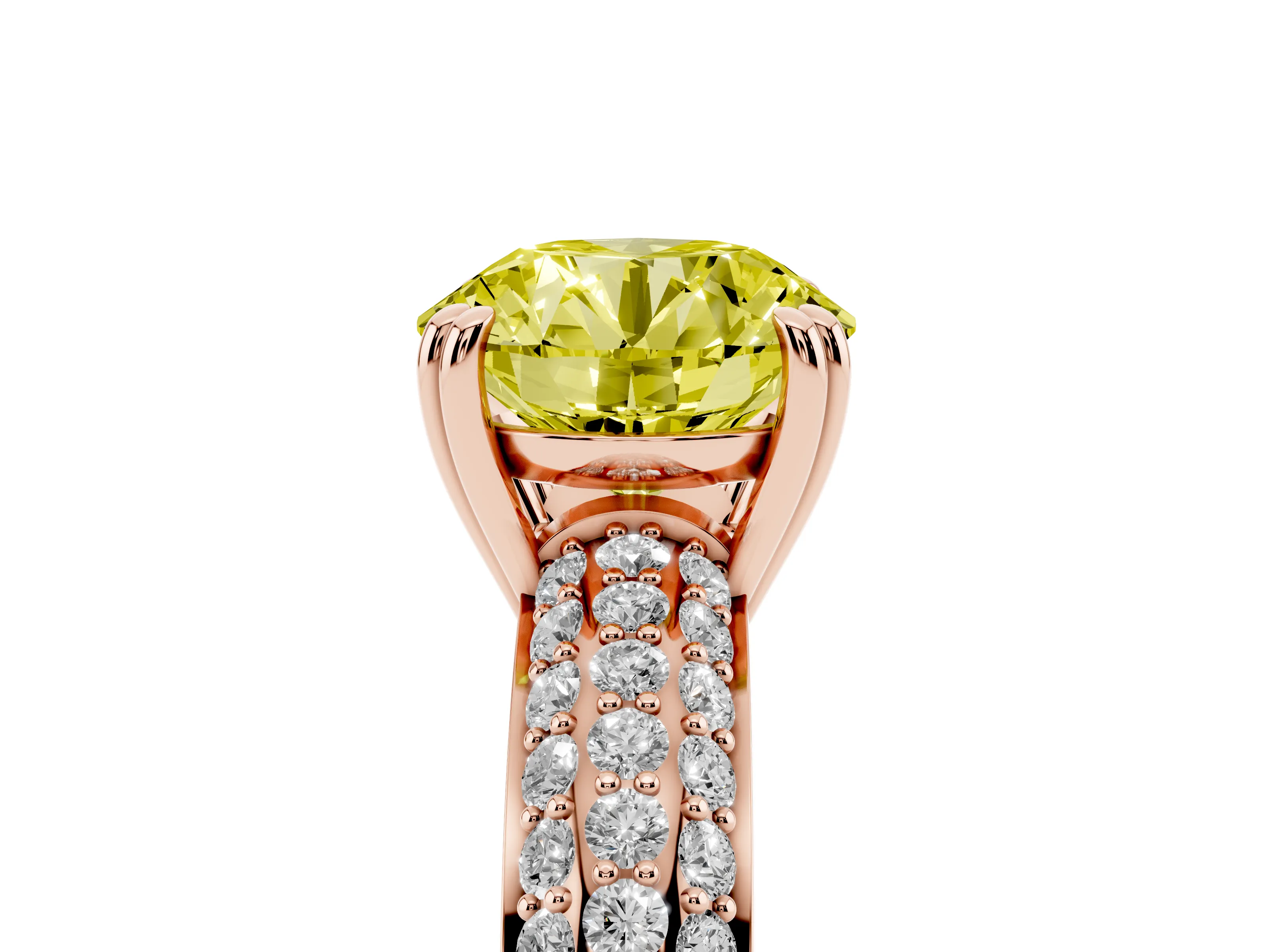 Fancy Yellow Round Cut Diamond Solitaire Ring Set in Rose gold with Multi-Row Round Pavé Band and Prong Setting