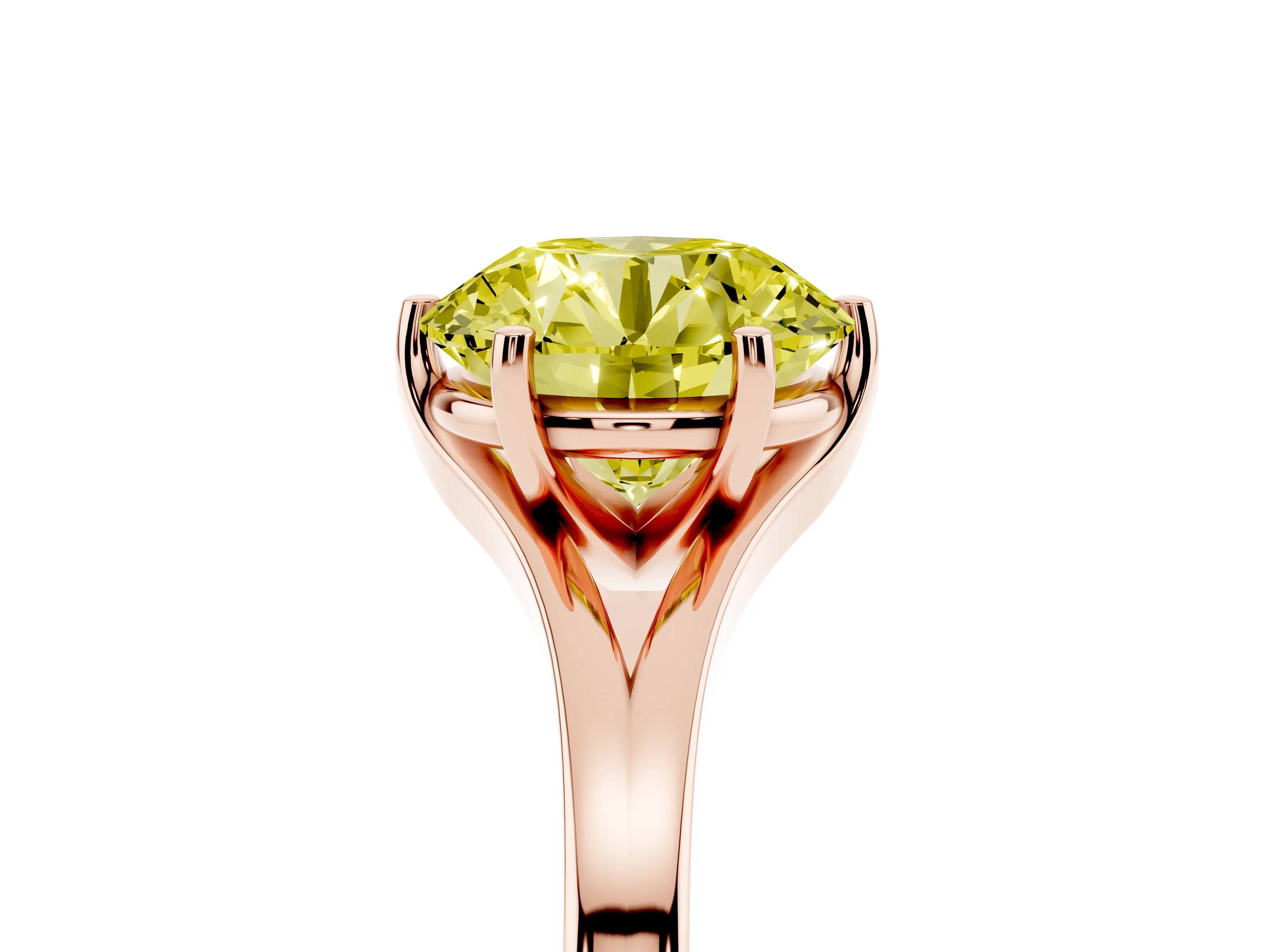 Fancy Yellow Round Cut Diamond Solitaire Ring Set in Rose gold with Polished Tapered Band and Prong Setting