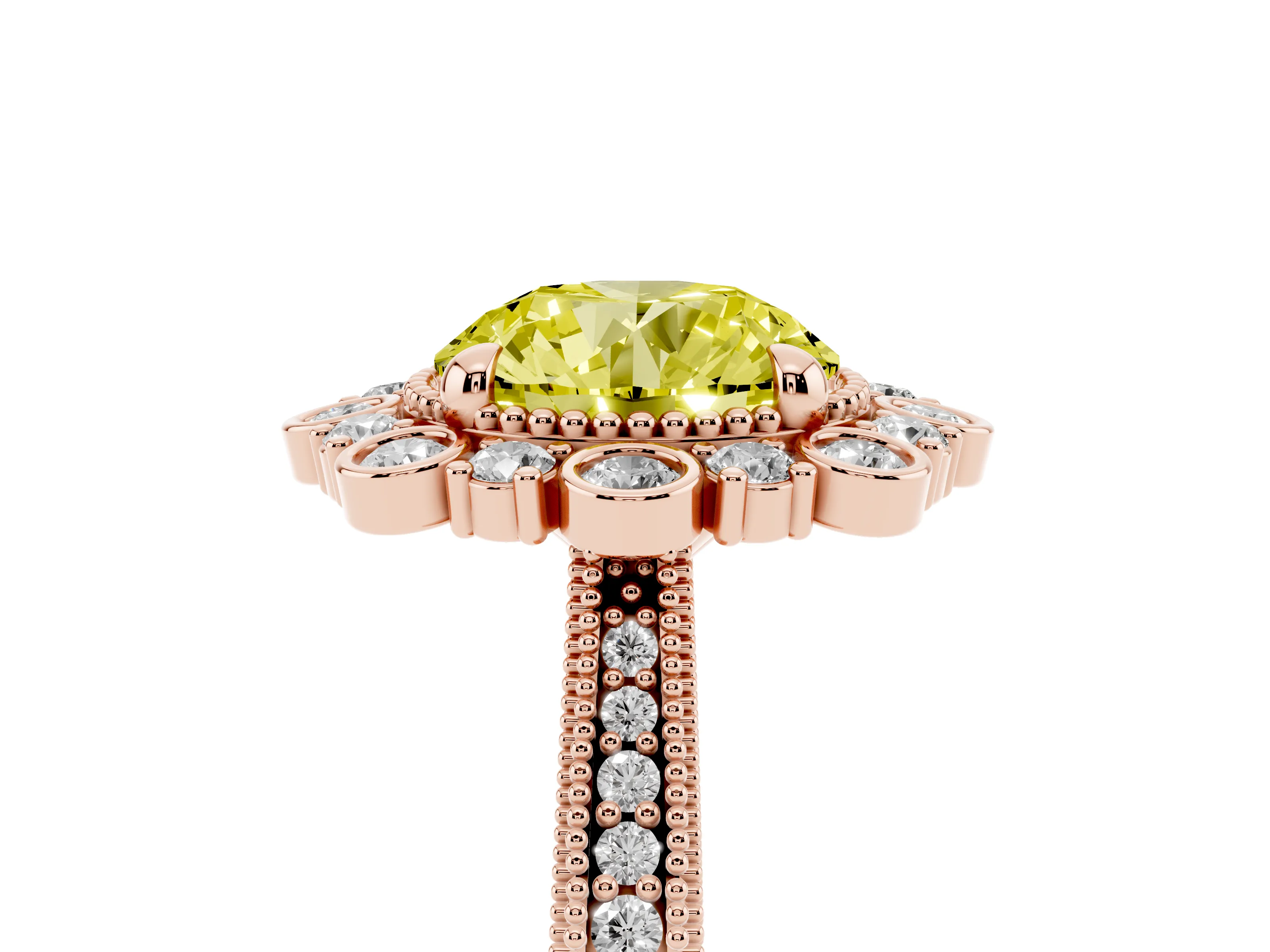 Fancy Yellow Round Cut Diamond Halo Milgrain Pavé Ring Set in Rose gold with Prong Setting