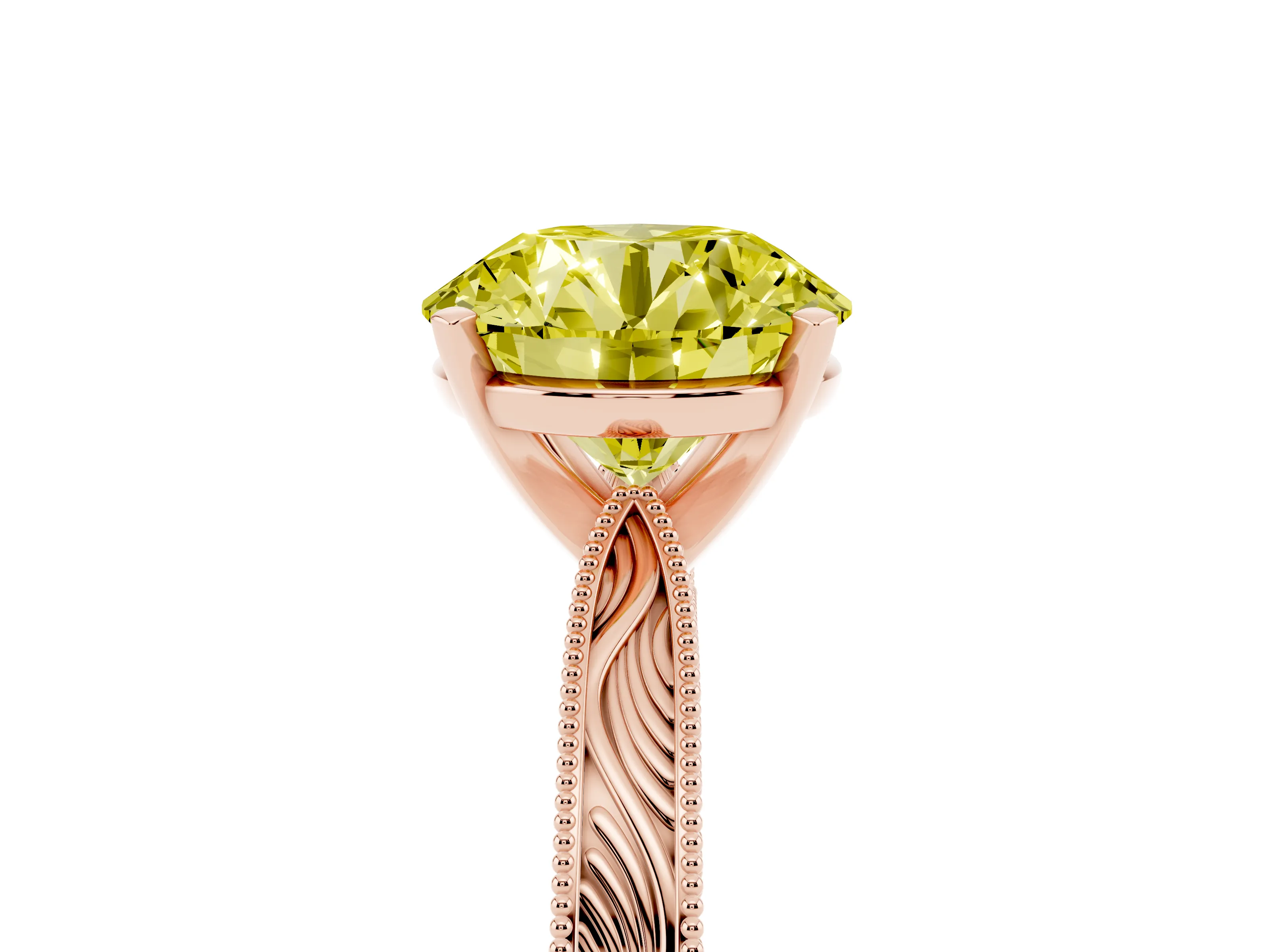 Fancy Yellow Round Cut Diamond Solitaire Milgrain Engraved Band Set in Rose gold with Prong Setting