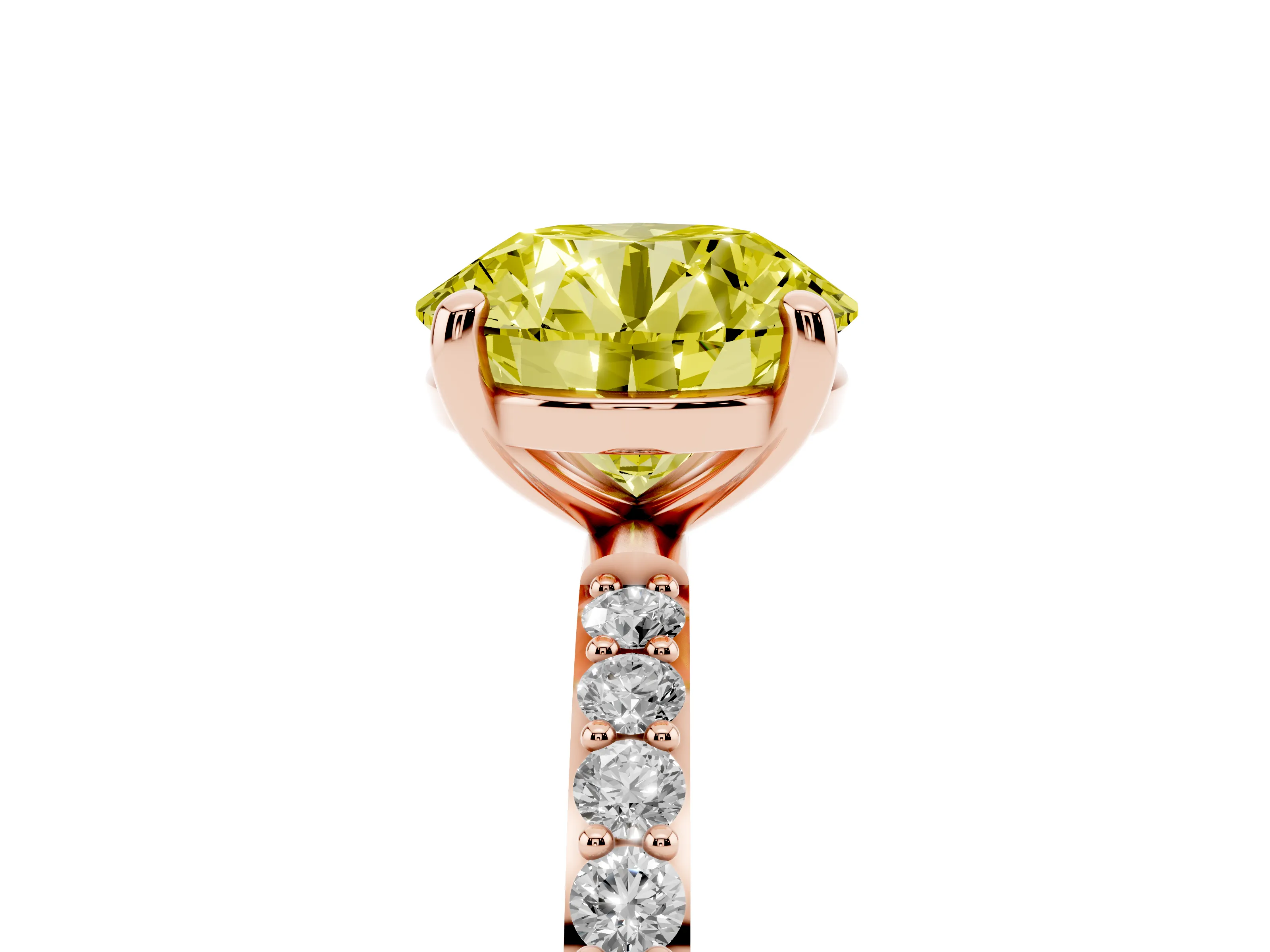 Fancy Yellow Round Cut Diamond Solitaire Ring Set in Rose gold with Round Pavé Band and Prong Setting