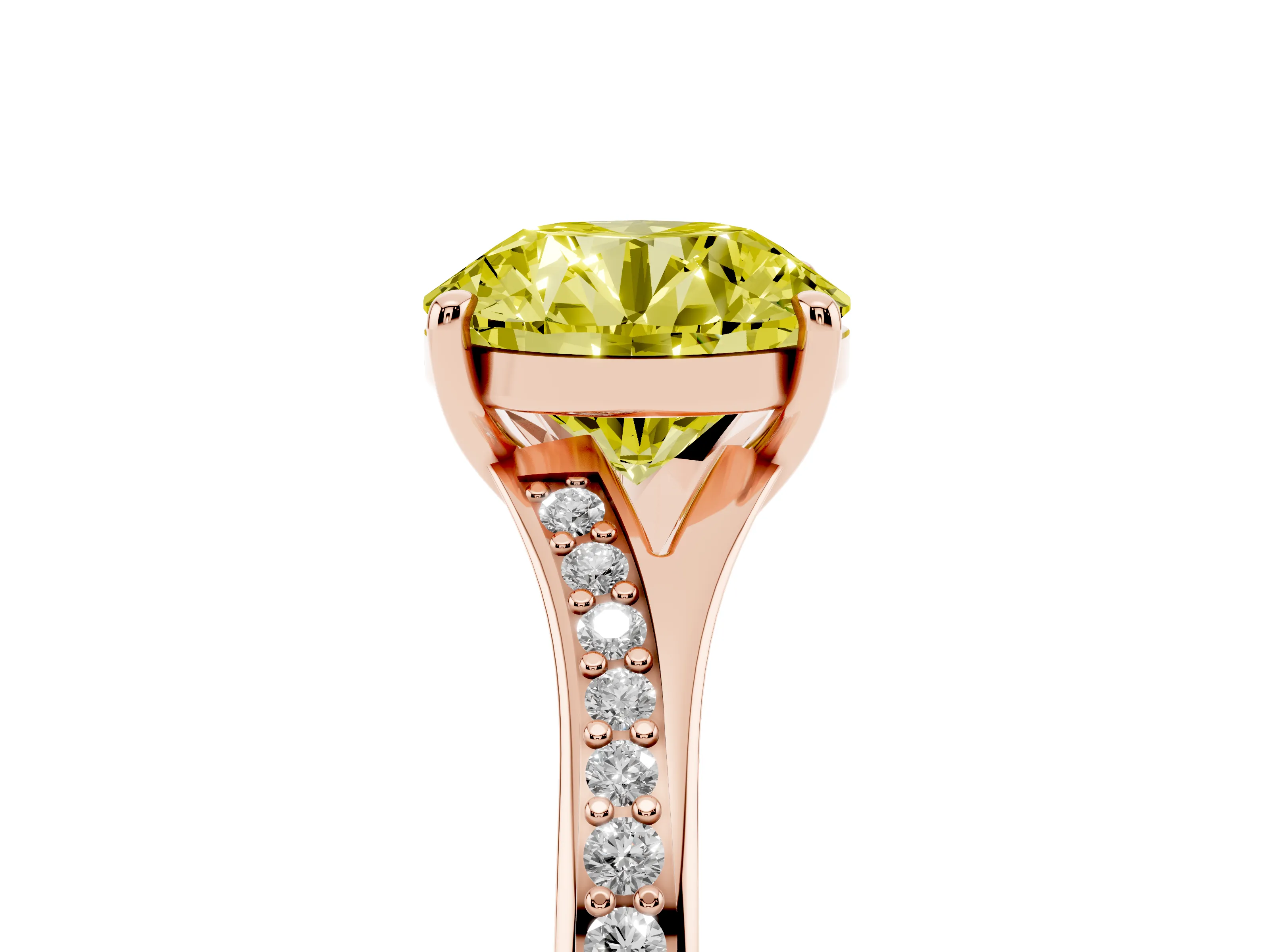 Fancy Yellow Round Cut Diamond Solitaire Ring Set in Rose gold with Pavé Accent Band and Classic Prong Setting