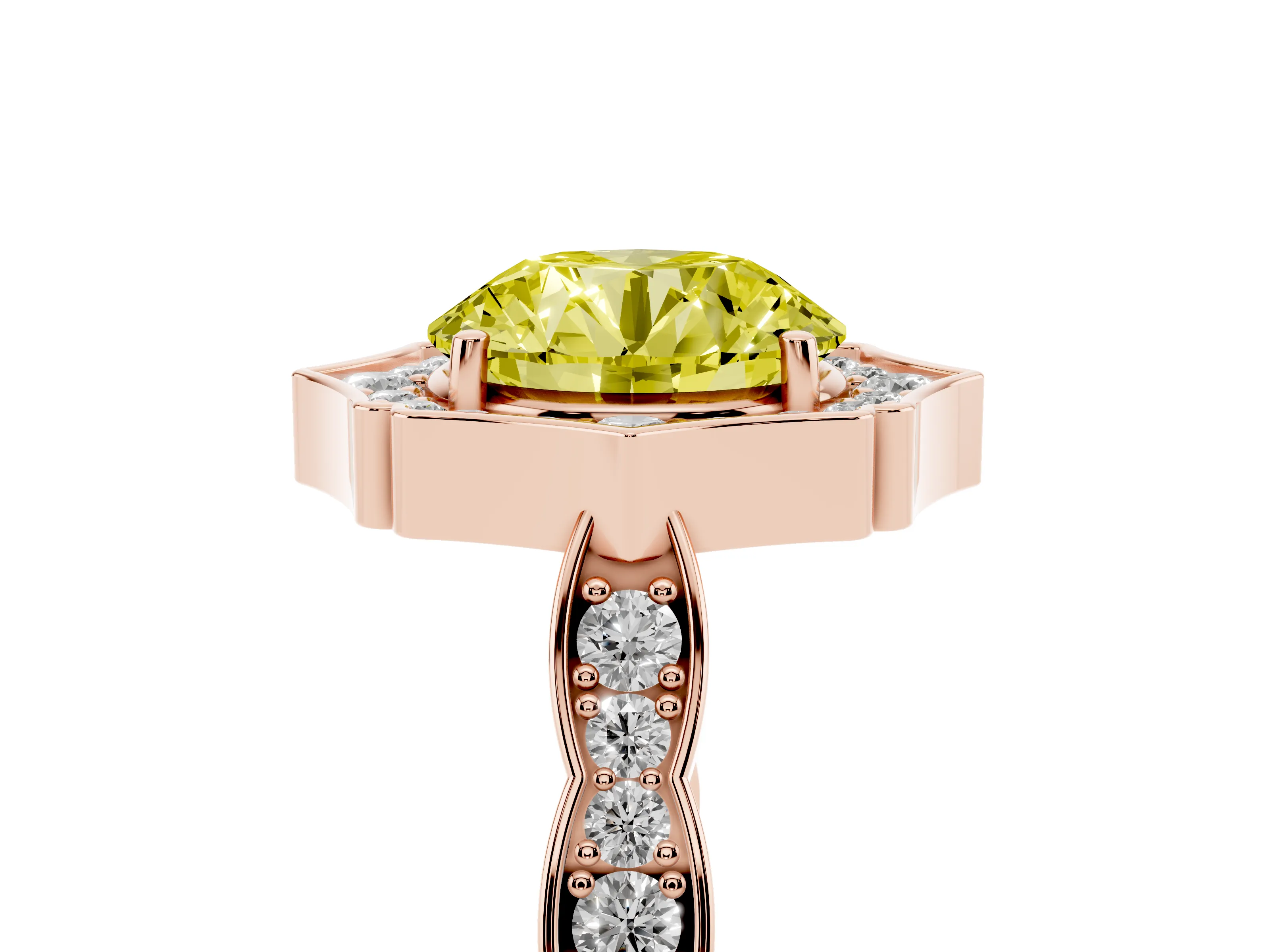 Fancy Yellow Round Cut Diamond Halo Engagement Ring Set in Rose gold with Milgrain Band and Prong Setting