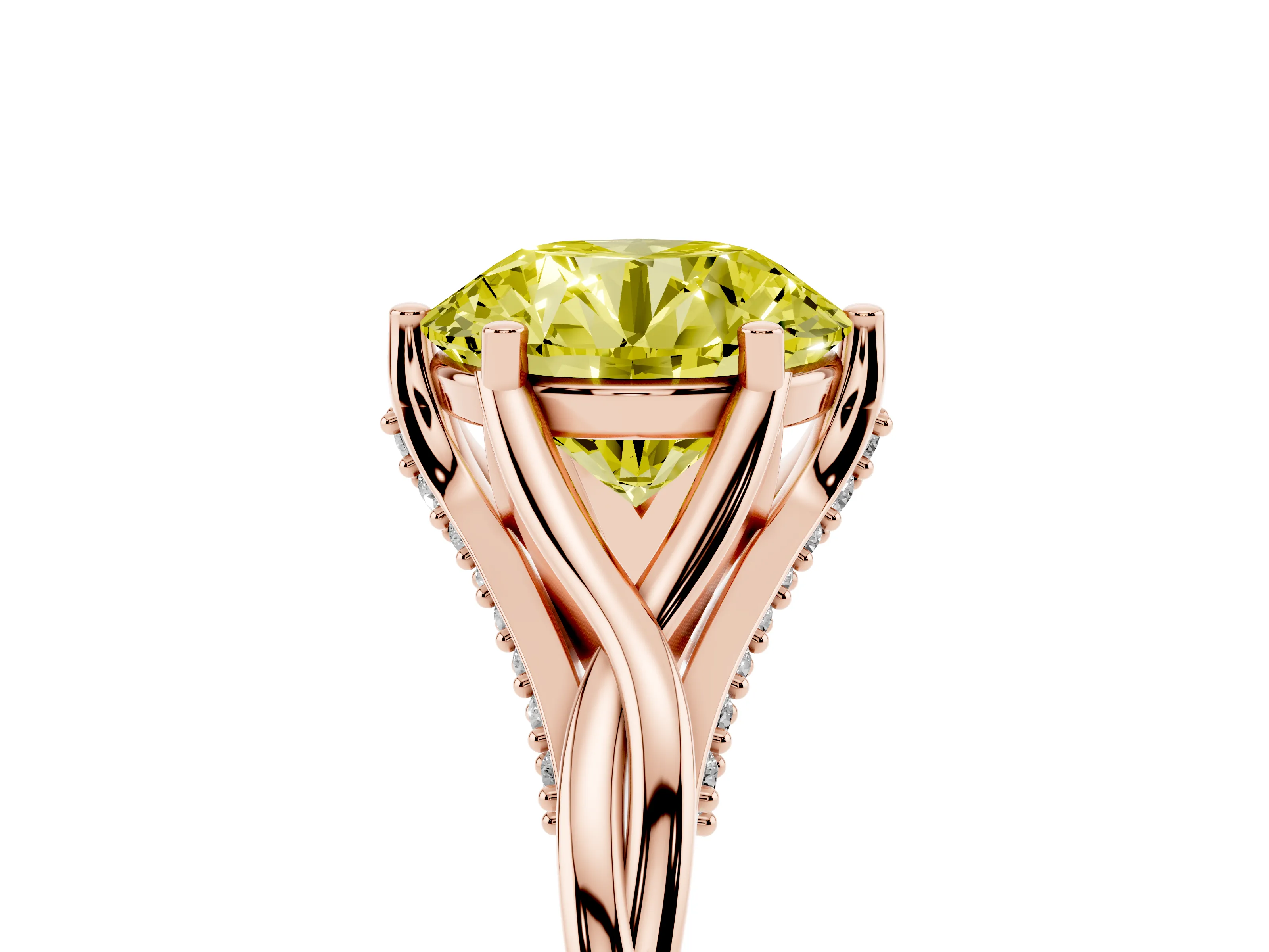 Fancy Yellow Round Cut Diamond Intertwined Twist Band Solitaire Ring Set in Rose gold with Prong Setting
