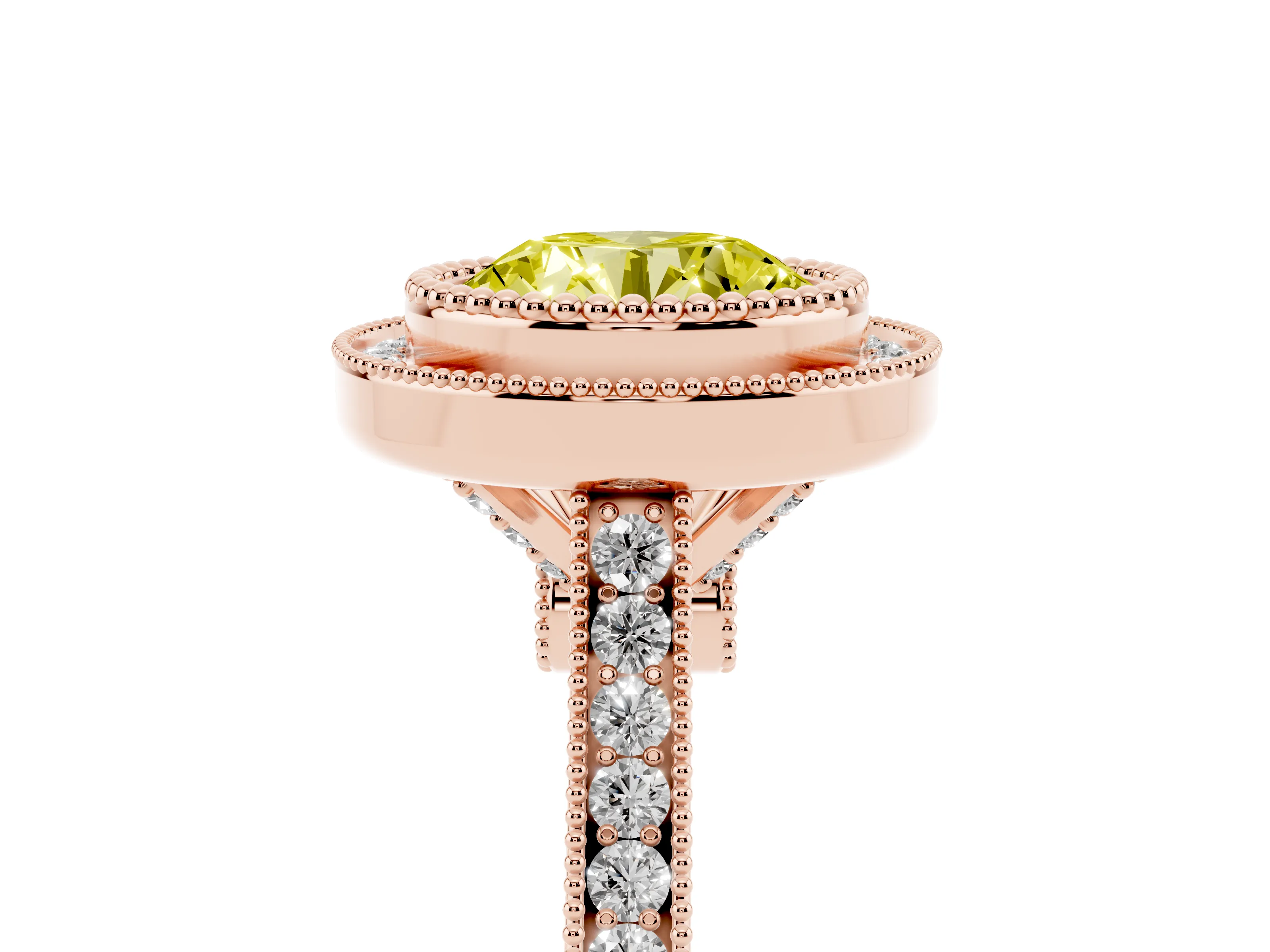 Fancy Yellow Round Cut Diamond Halo Ring Set in Rose gold with Milgrain Frame and Pavé Band