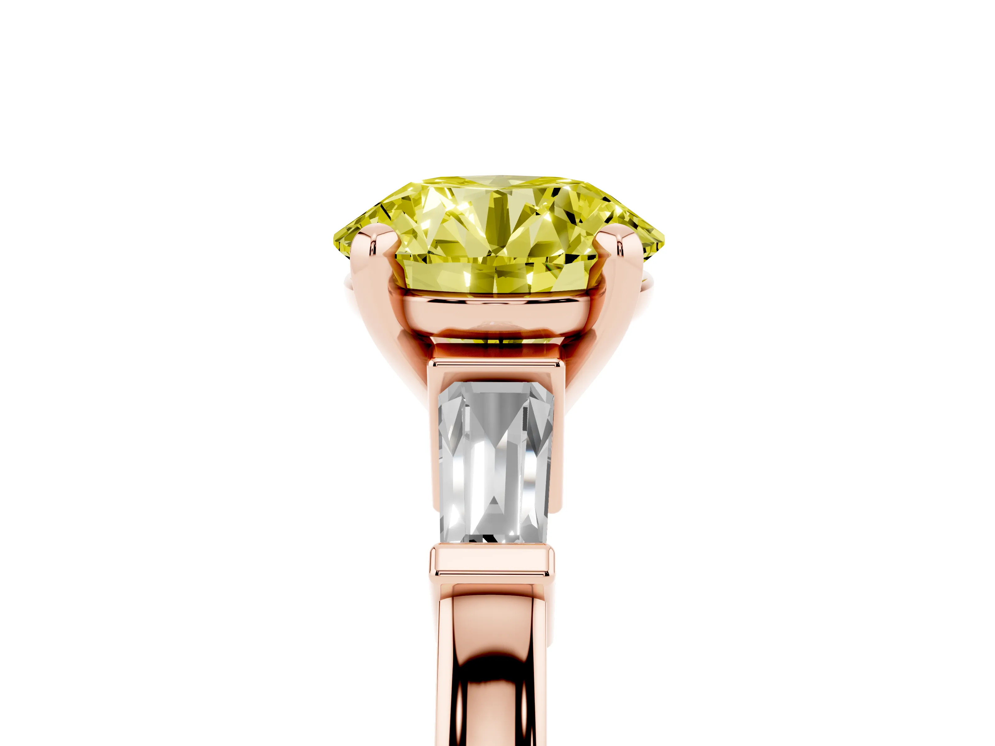Fancy Yellow Round Cut Diamond Solitaire Ring Set in Rose gold with Tapered Baguette Accents and Prong Setting