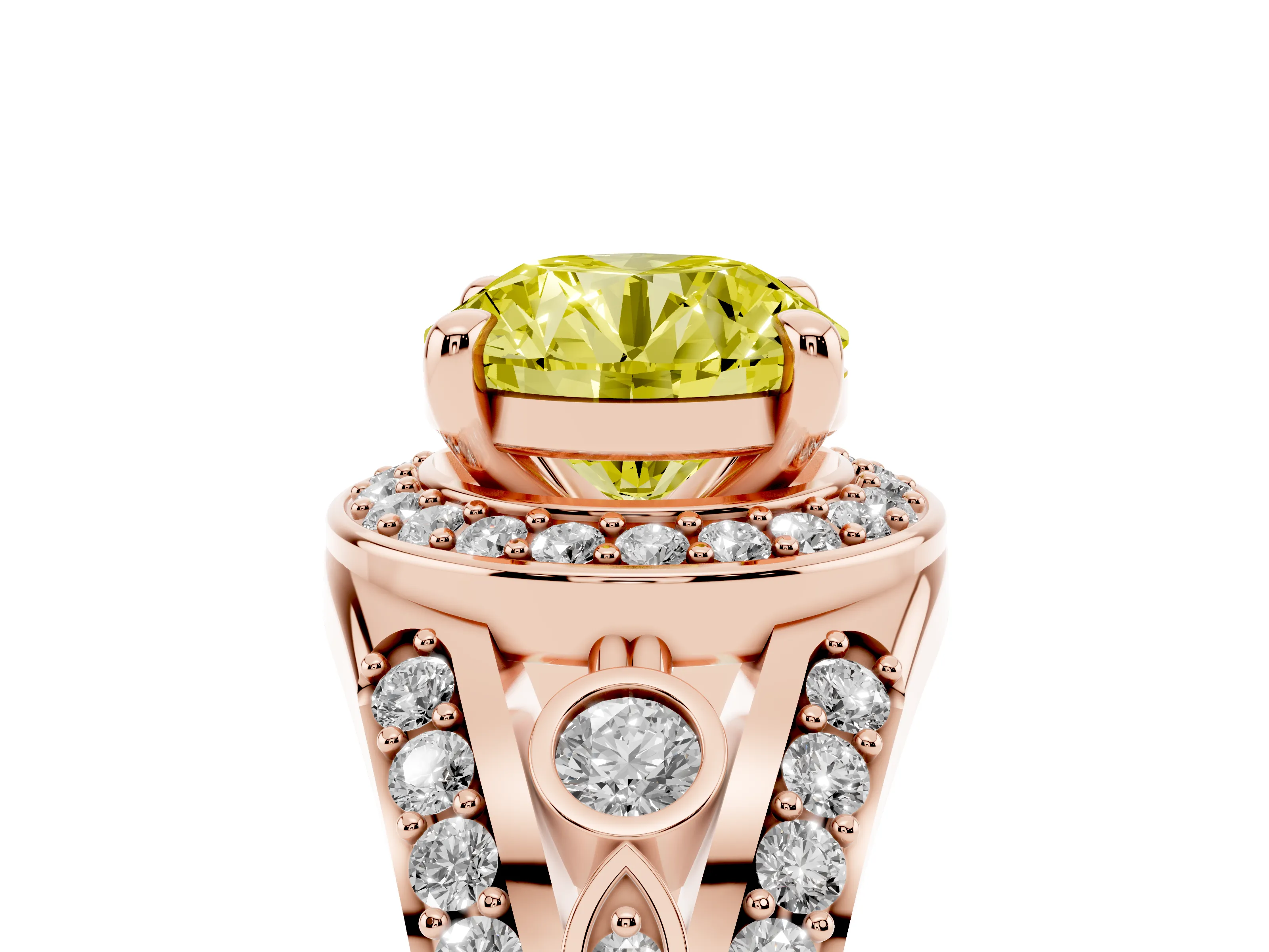 Fancy Yellow Round Cut Diamond Halo Ring Set in Rose gold with Pavé Split Shank and Bezel Accents