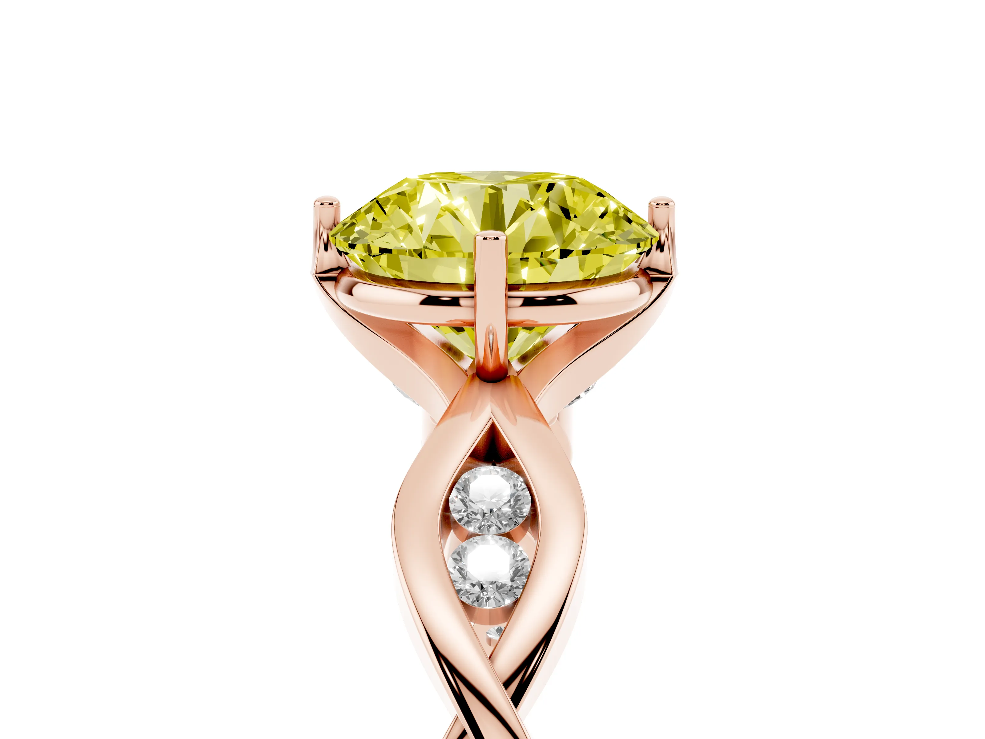 Fancy Yellow Round Cut Diamond Twist Band Solitaire Ring Set in Rose gold with Leaf Prong Setting and Accent Stones