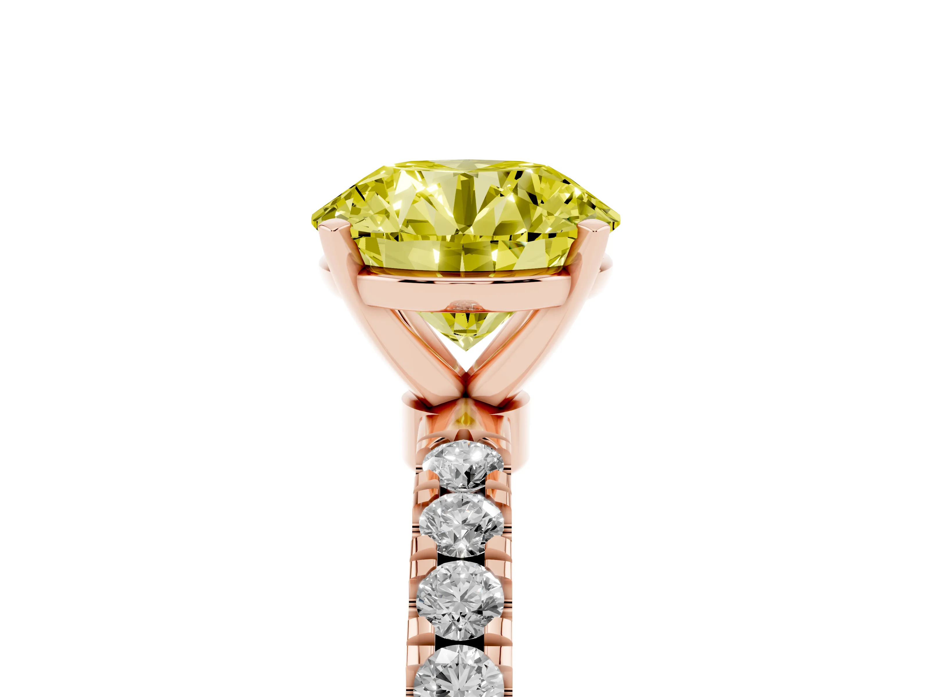 Fancy Yellow Round Cut Diamond Solitaire Ring Set in Rose gold with Pavé Accents and Prong Setting