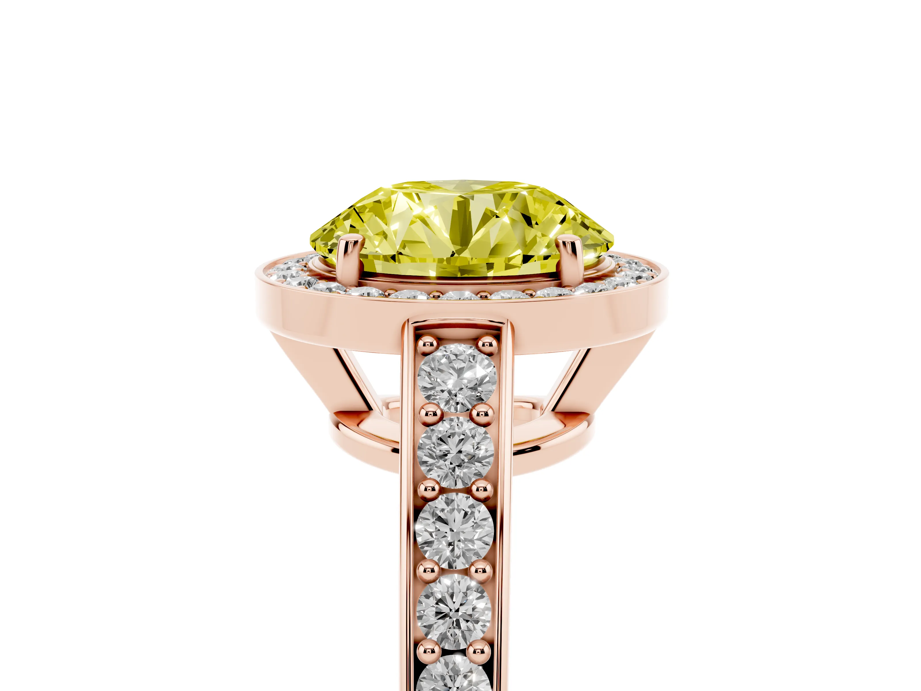 Fancy Yellow Round Cut Diamond Halo Pavé Engagement Ring Set in Rose gold with Bezel Setting