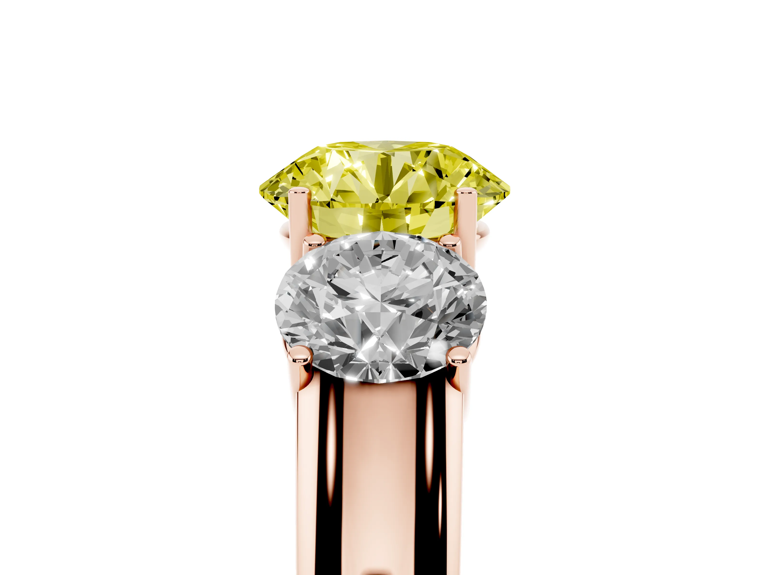 Fancy Yellow Three-Stone Round Cut Diamond Ring Set in Rose gold with Matching Prong Settings and Plain Band