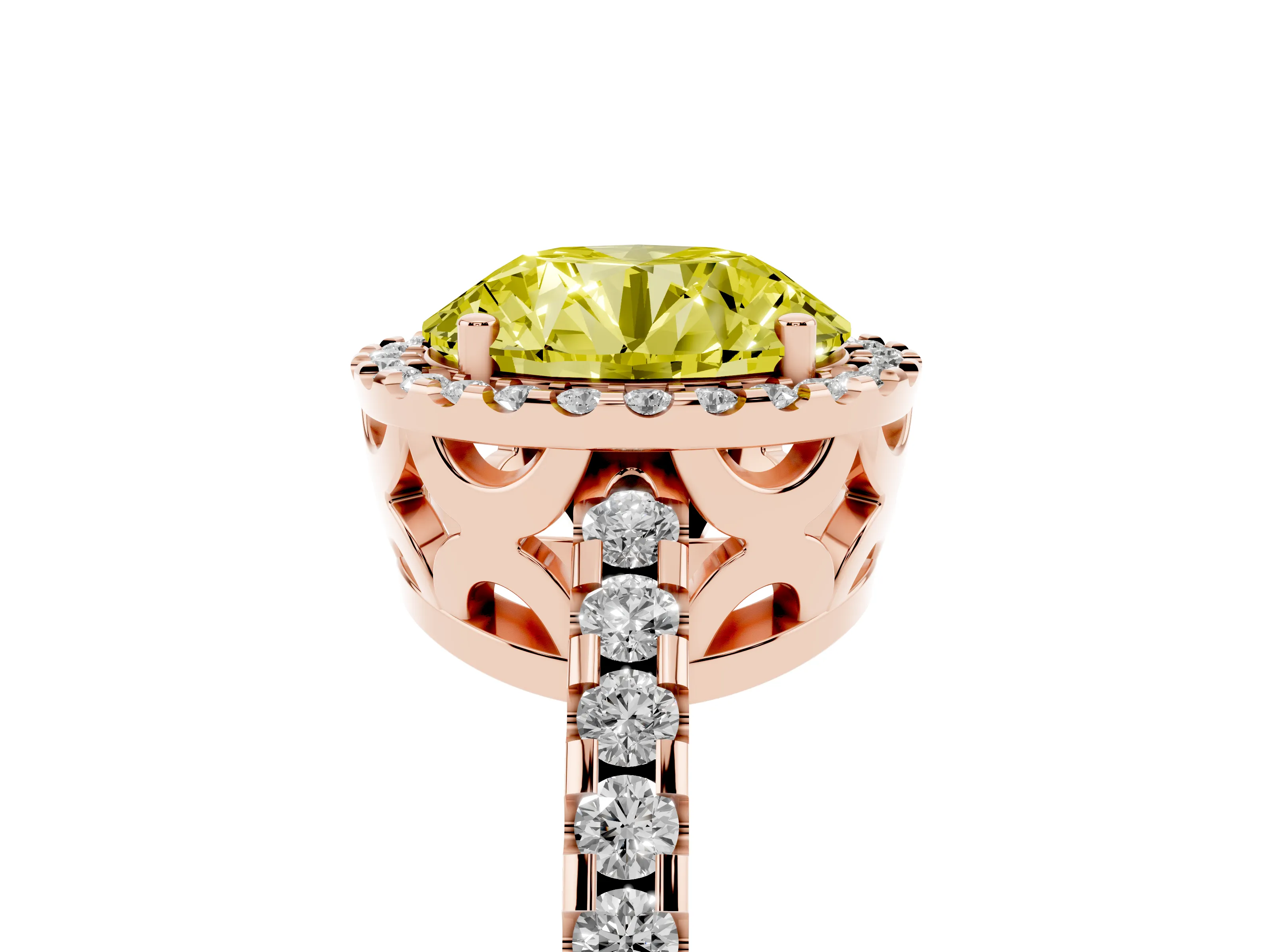 Fancy Yellow Round Cut Diamond Halo Ring Set in Rose gold with Pavé Shoulders and Halo-Framed Center
