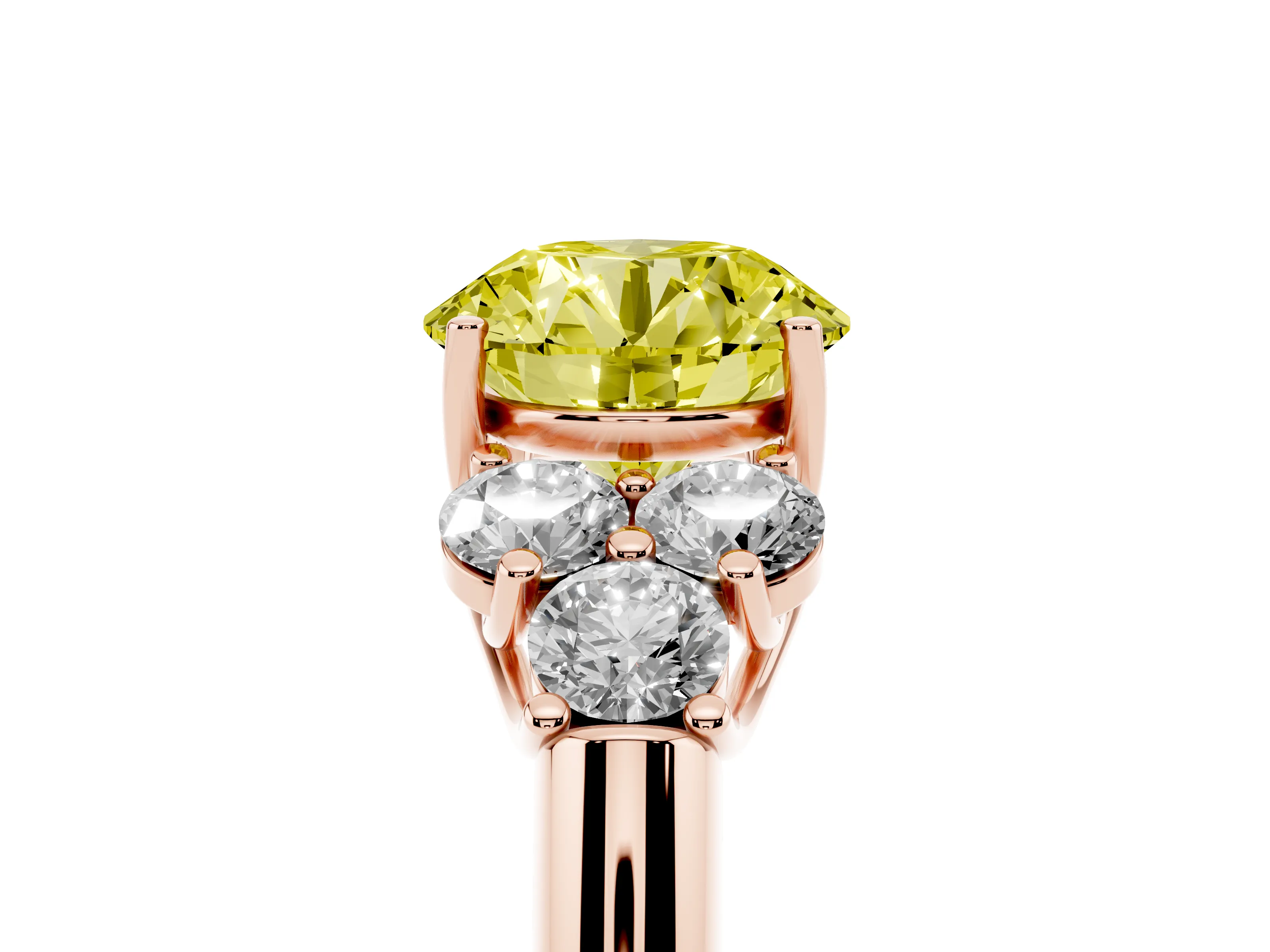 Fancy Yellow Round Cut Diamond Cluster Ring Set in Rose gold with Round Accent Stones and Prong Setting on a Plain Band