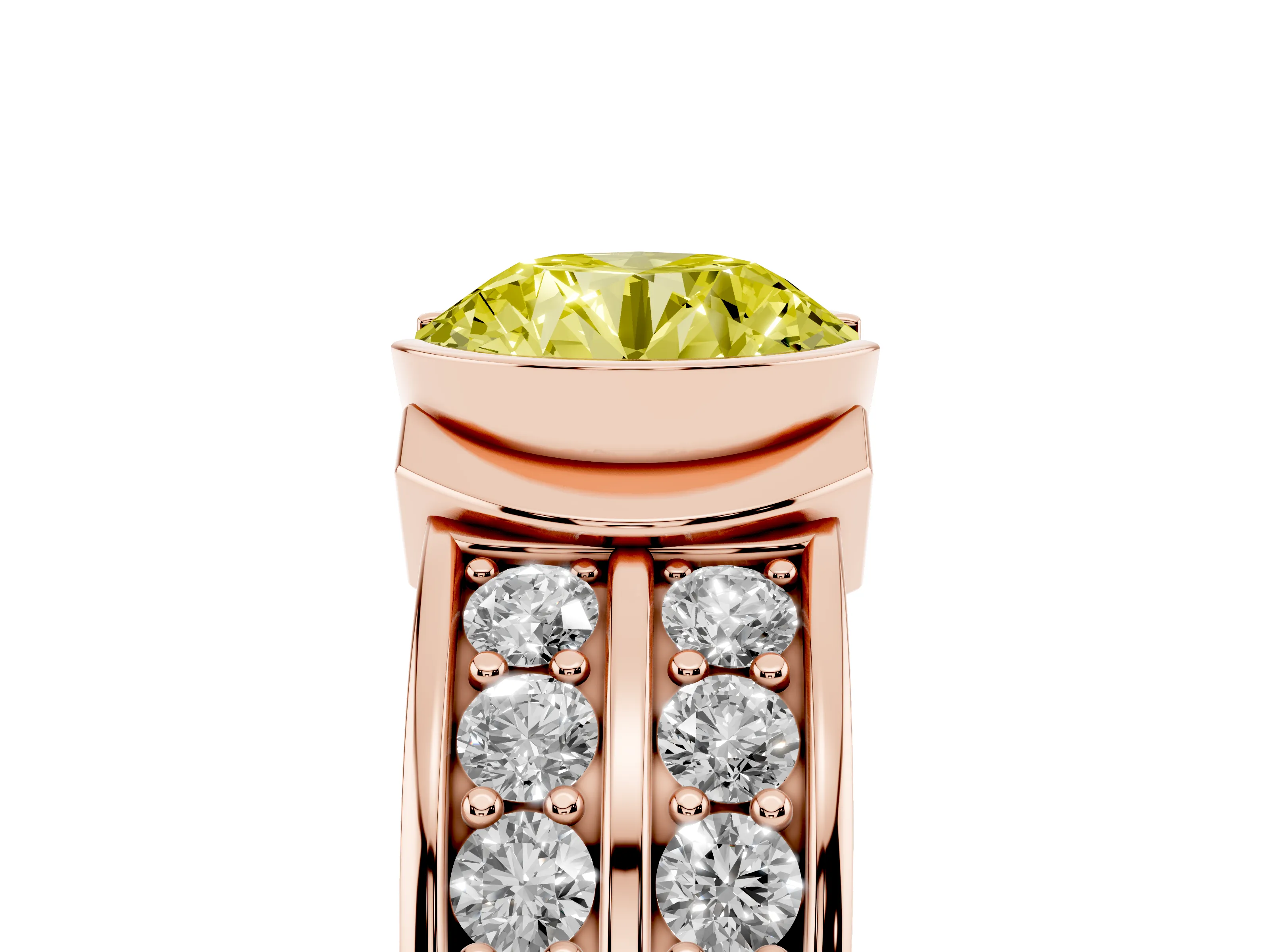 Fancy Yellow Round Cut Diamond Wide Channel Set Band Ring Set in Rose gold with Bezel Setting